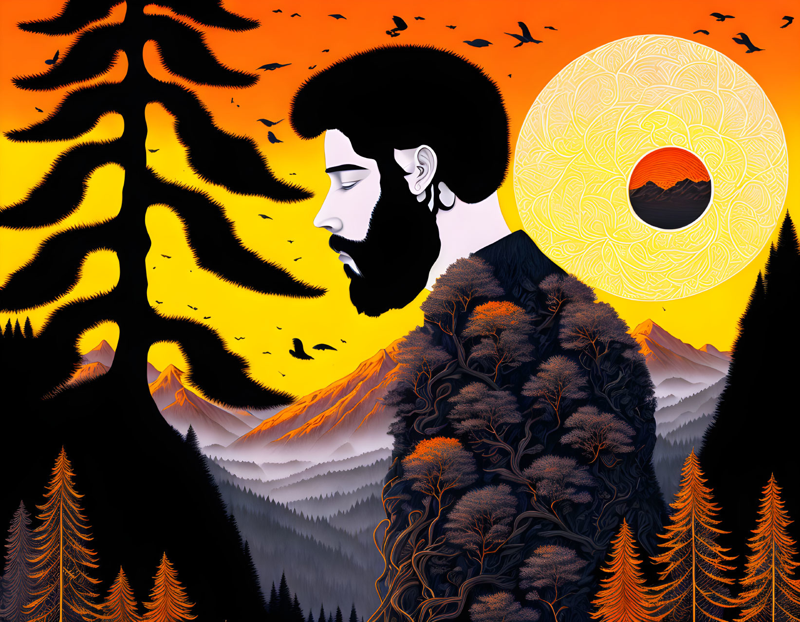 Man in profile merges with vibrant mountain landscape under orange sky