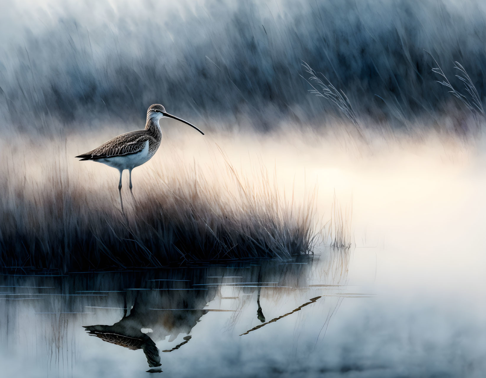 Solitary curlew standing at water's edge among misty reeds