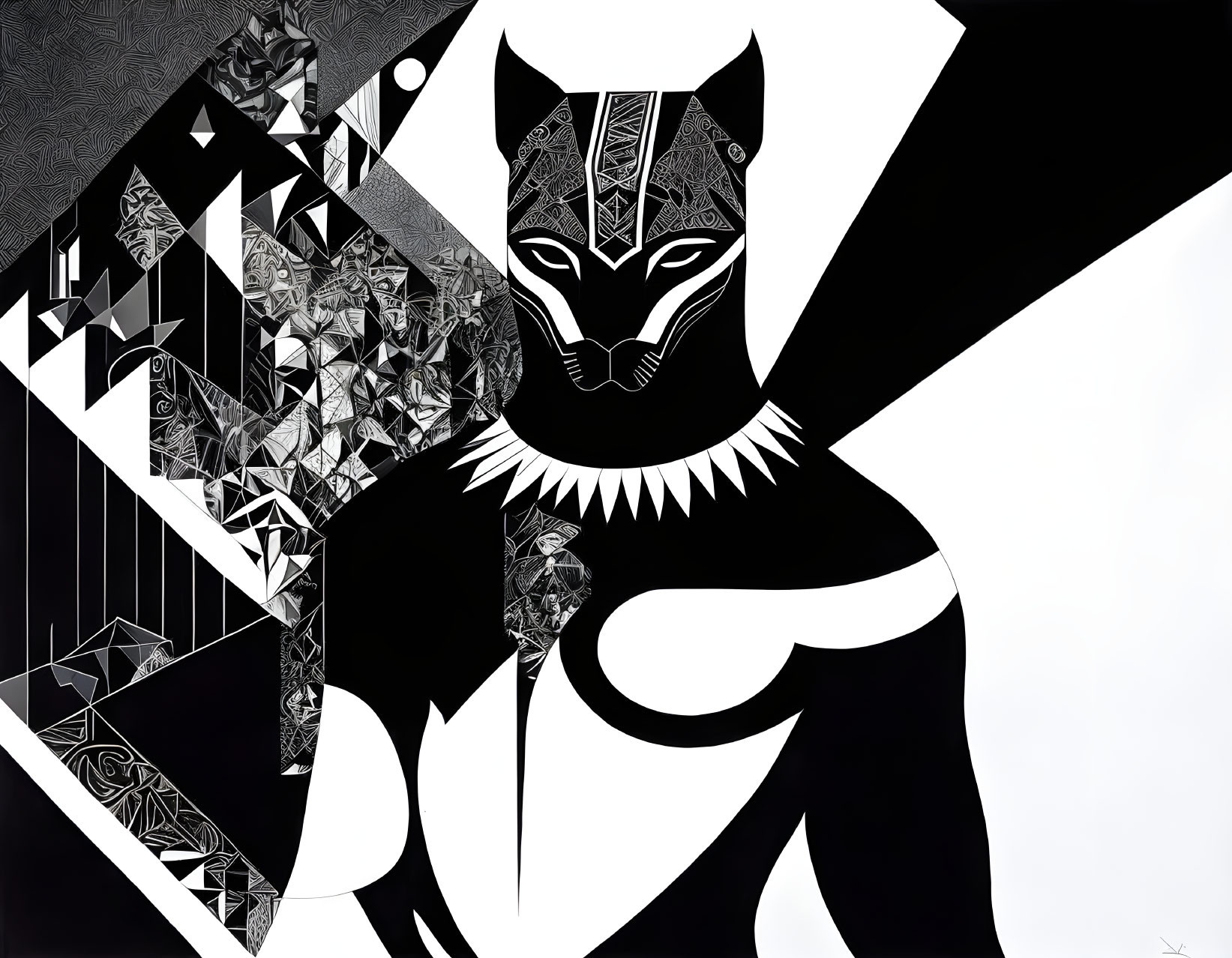 Monochromatic cat illustration with geometric patterns