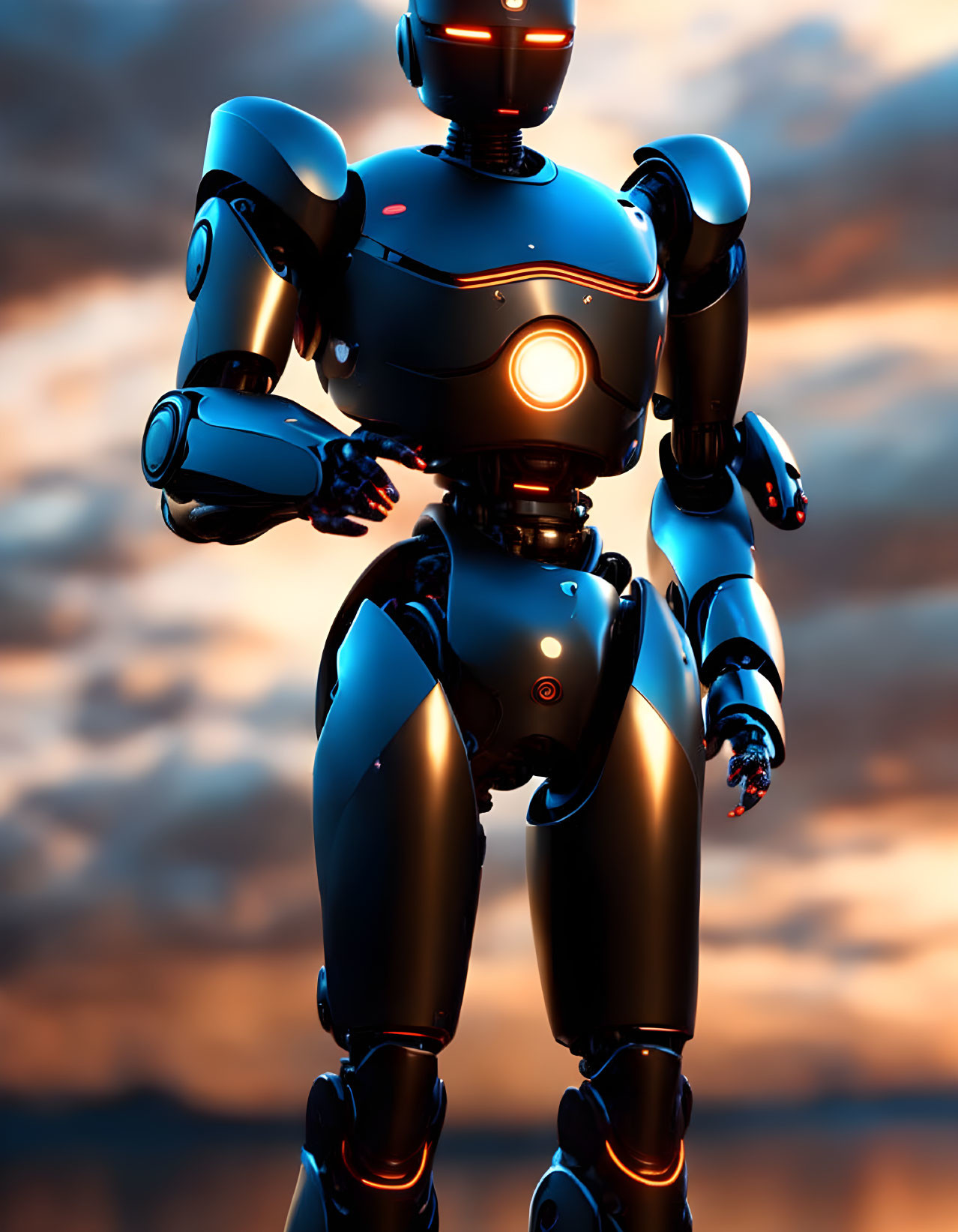 Advanced humanoid robot against orange-clouded sky background