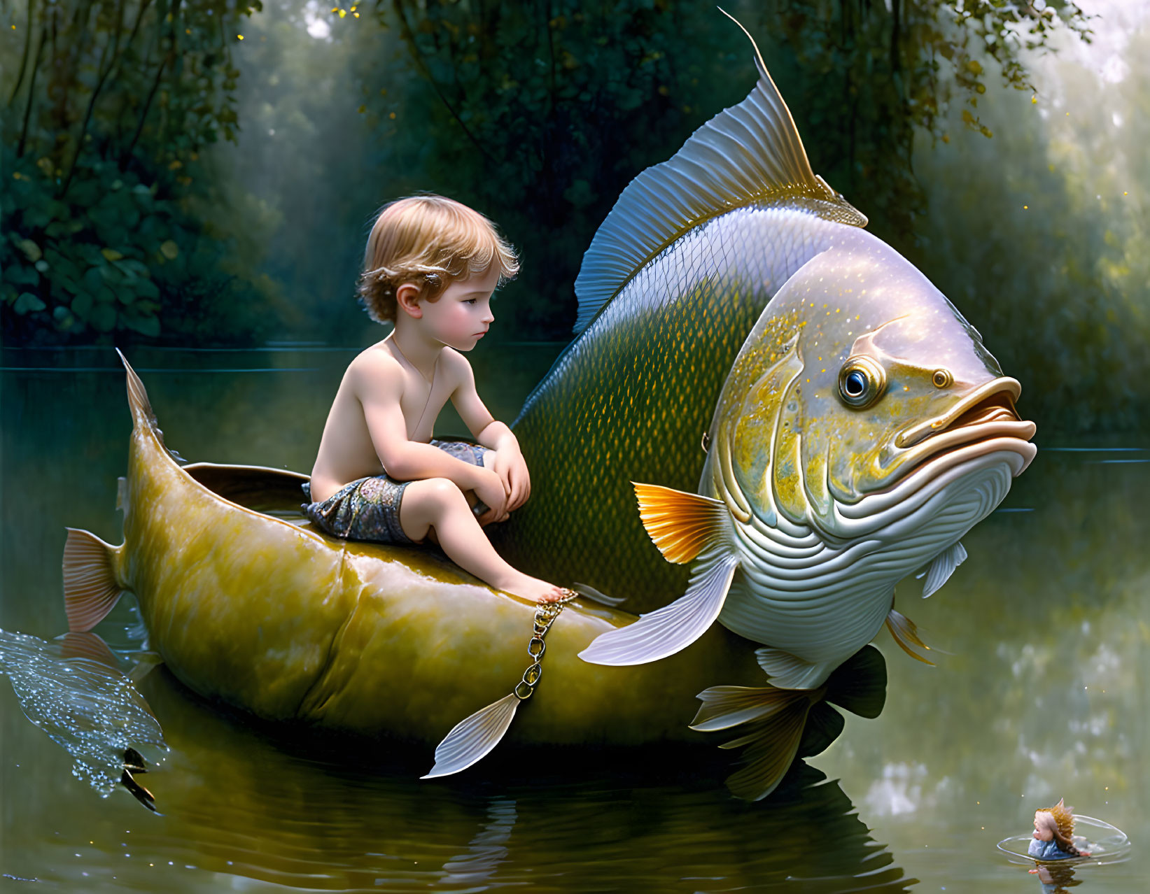 Child in boat made from giant fish on serene water with greenery.