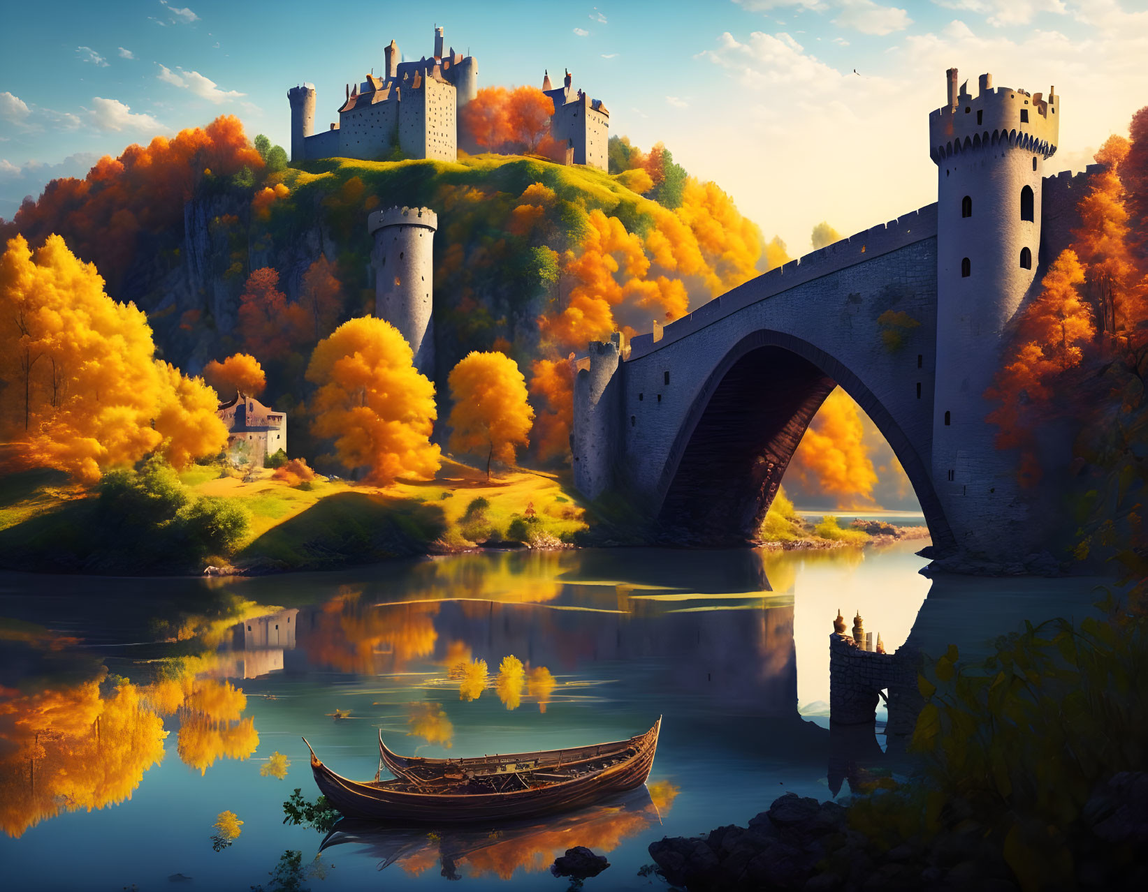 Medieval castle on forested hill with autumn foliage, arched stone bridge, and lone boat.