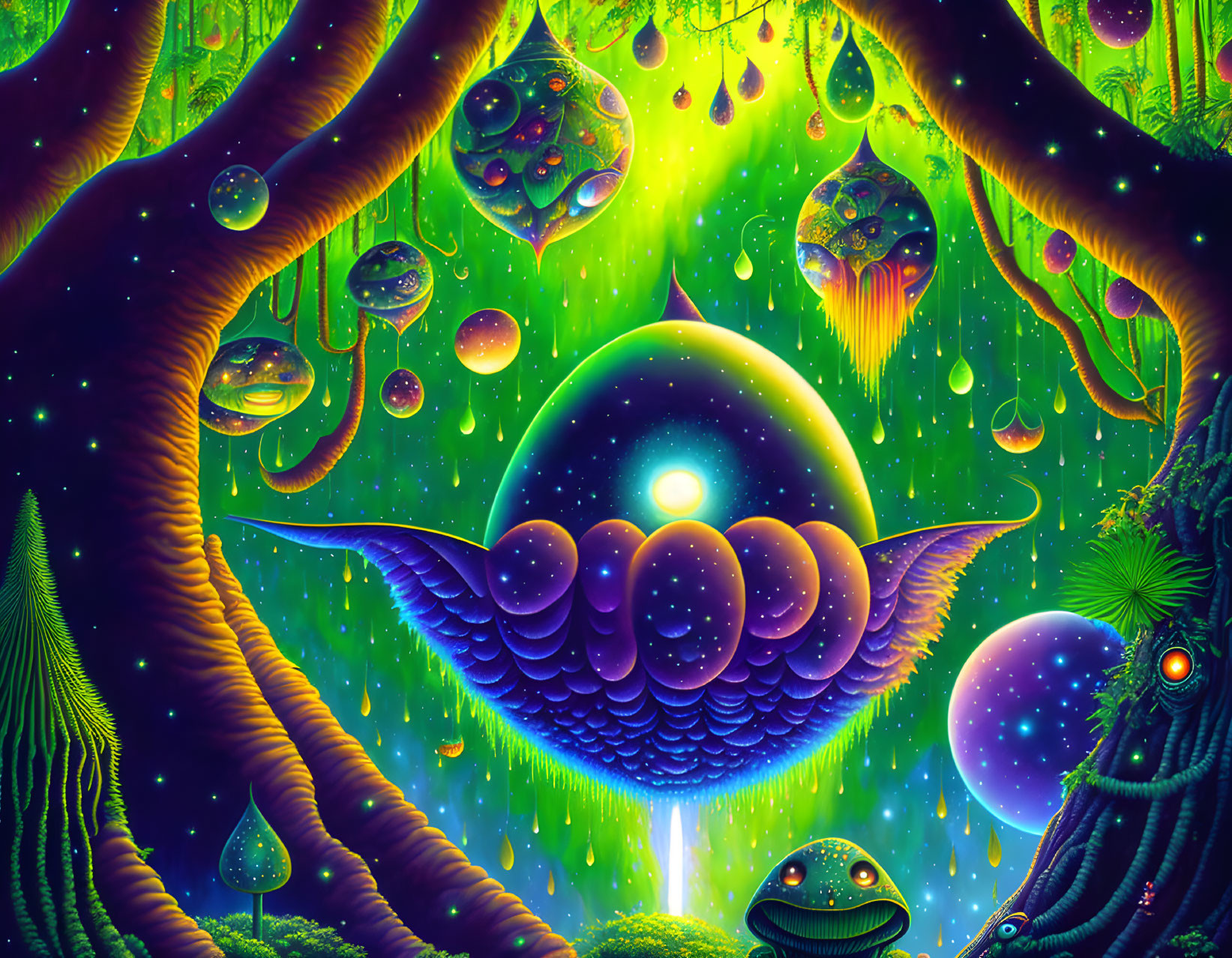 Colorful psychedelic landscape with glowing orb, floating islands, and smiling creature