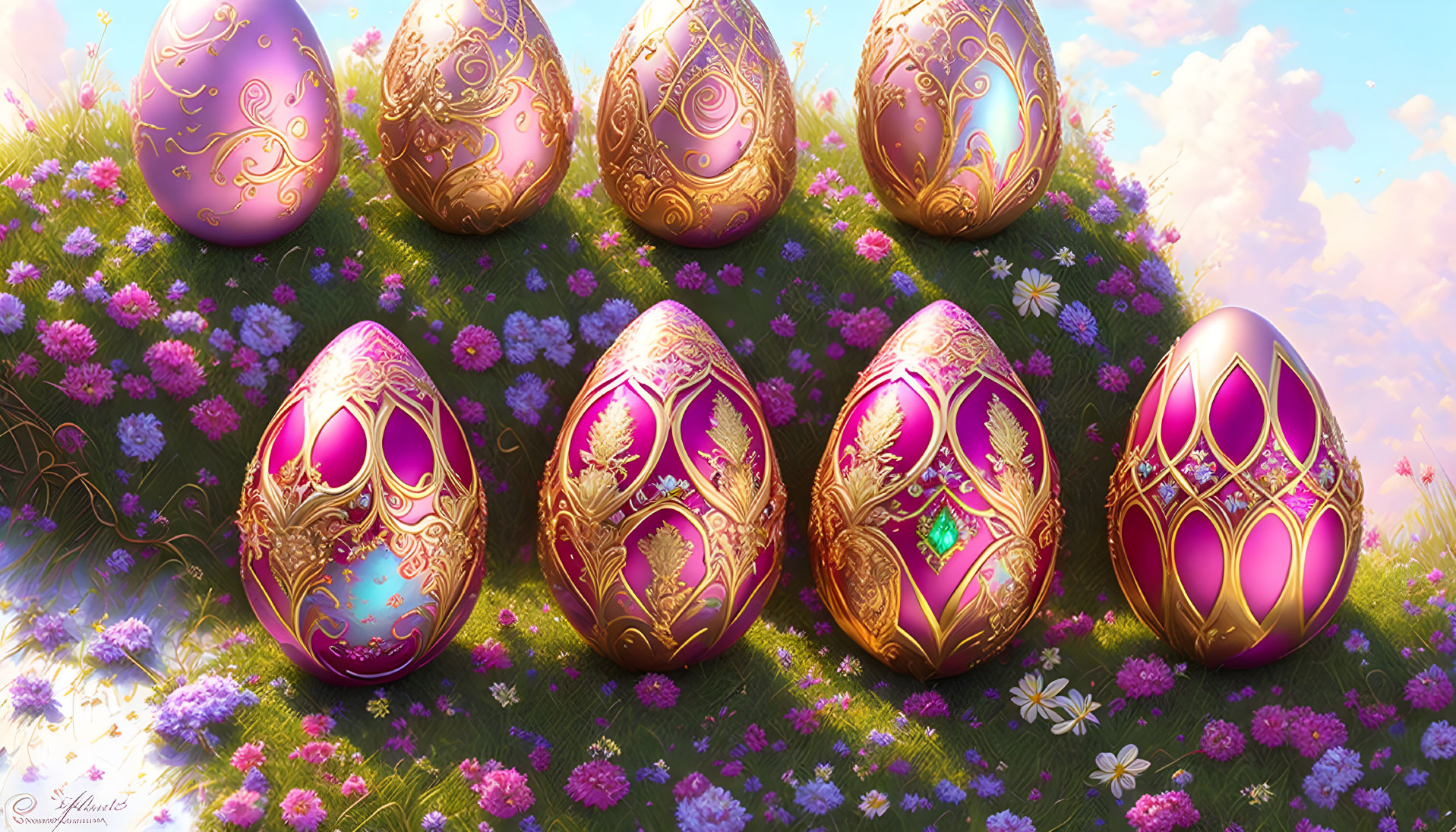 Jewel-encrusted eggs on sunny floral hillside with magical Easter ambiance