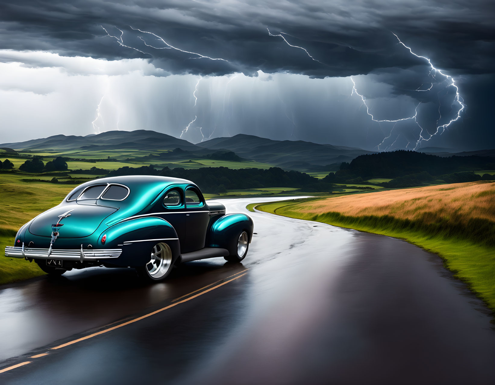 Vintage car driving on wet, winding road amid stormy sky with lightning