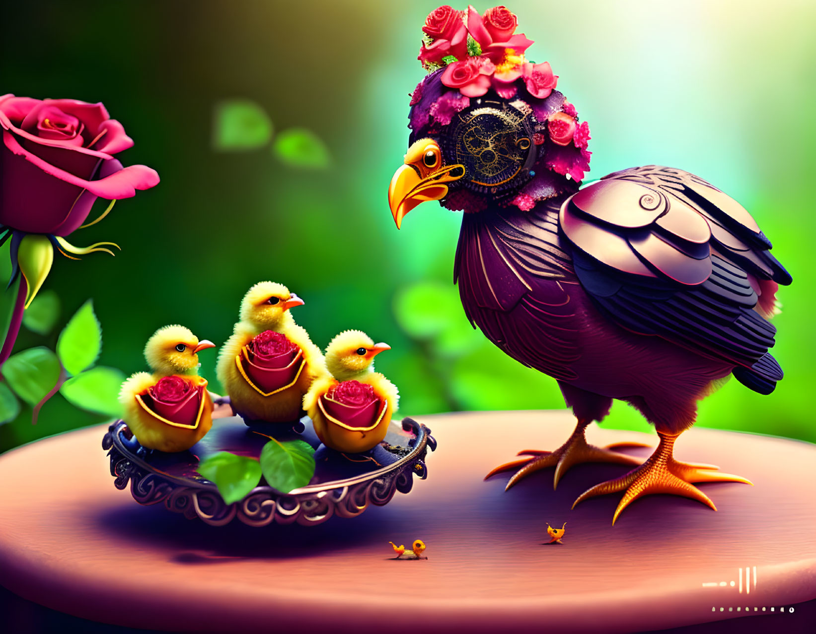 Mechanical hen and chicks illustration with floral details on vibrant green backdrop