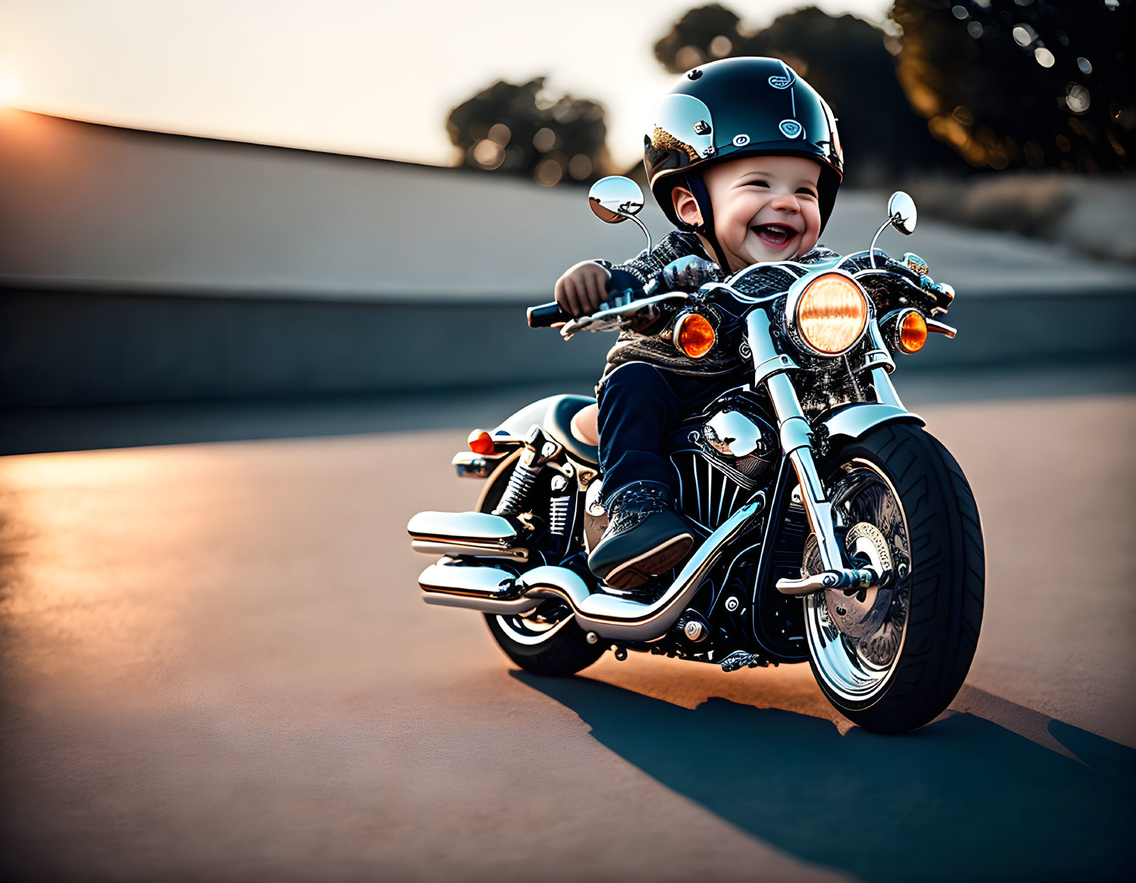 Smiling toddler on mini motorcycle at sunset