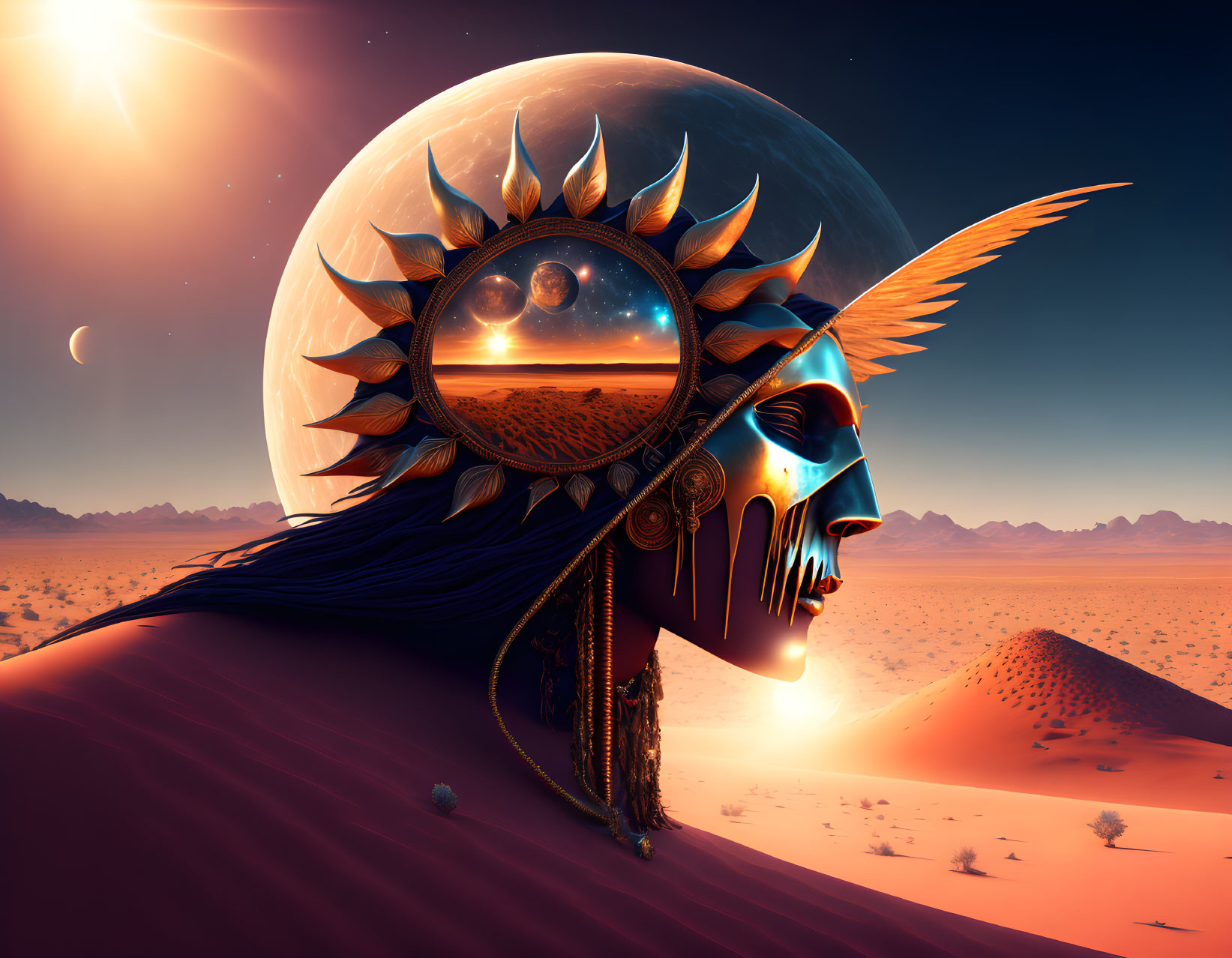 Surreal desert landscape with ornate celestial mask merging human profile with sun and moon in twilight sky