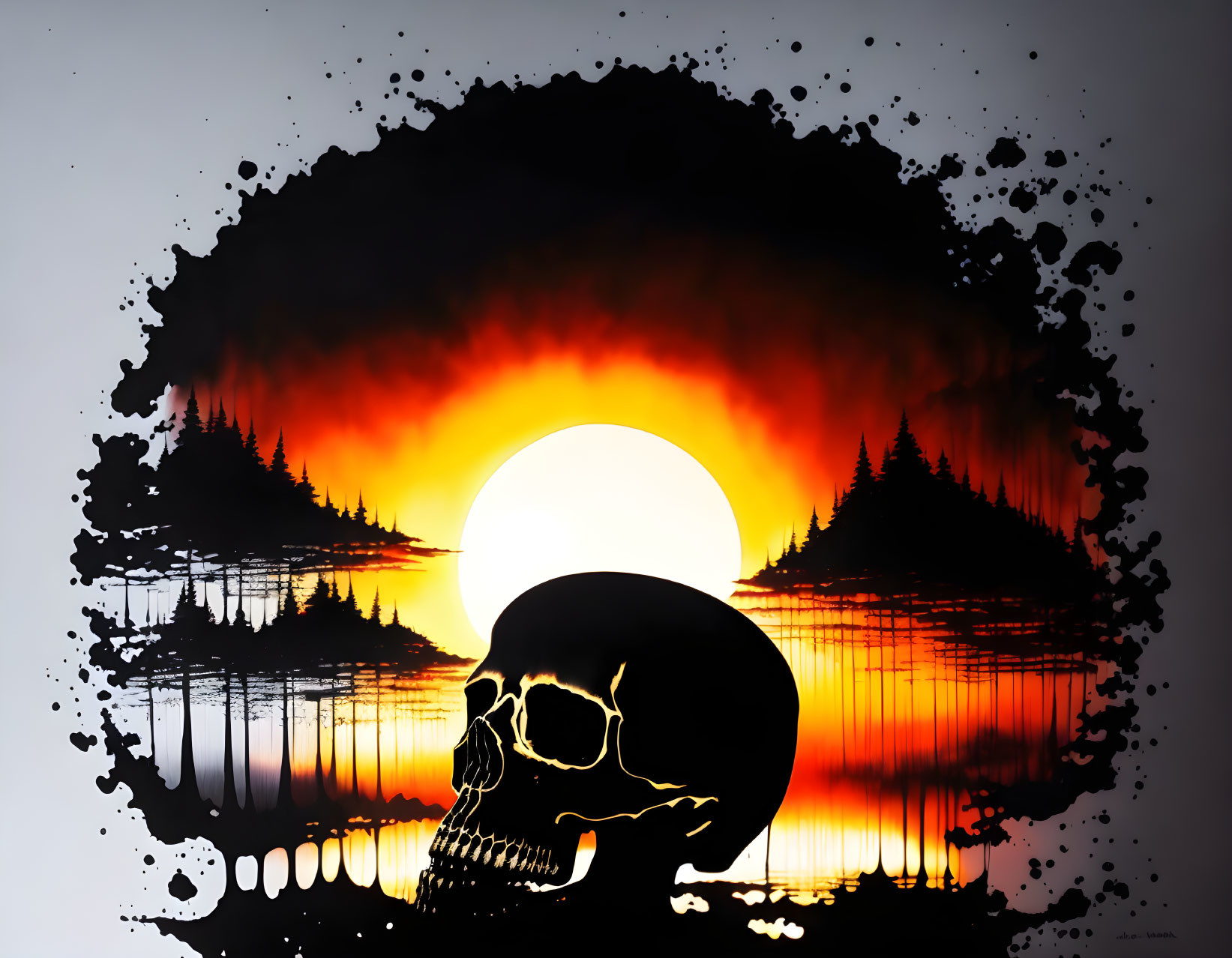 Skull silhouette against vibrant sunset over water and forest.