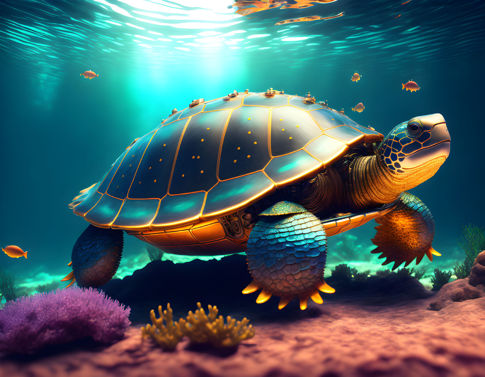 Mechanical sea turtle swimming with fish in digital art