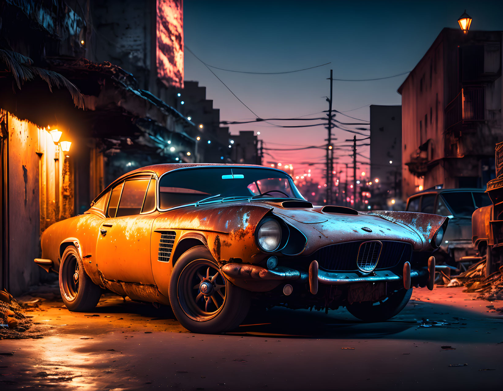 Vintage car with faded orange paint in gritty urban alleyway at twilight