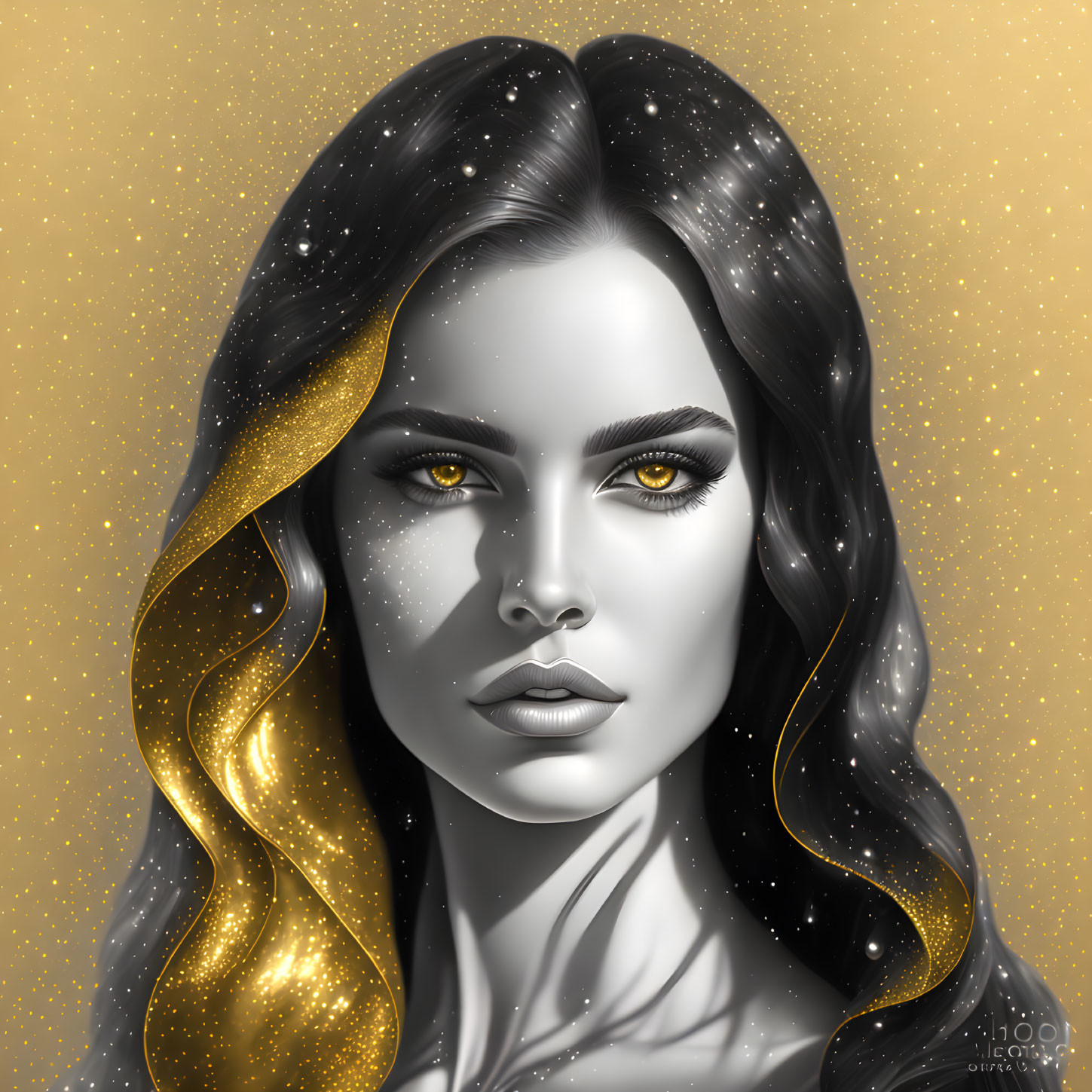 Golden-haired woman in cosmic-themed digital portrait