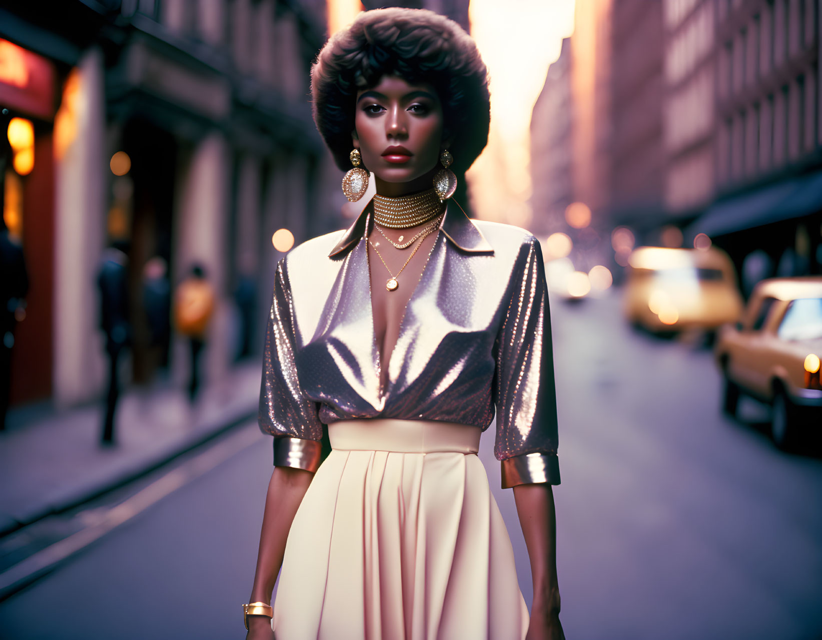 Confident woman in stylish outfit on city street at dusk