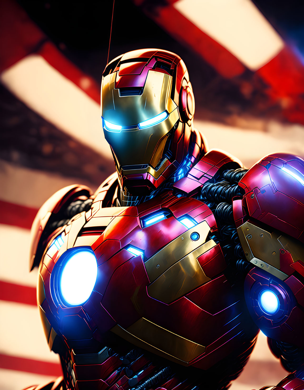 Superhero in powerful stance with glowing chest reactor against American flag.