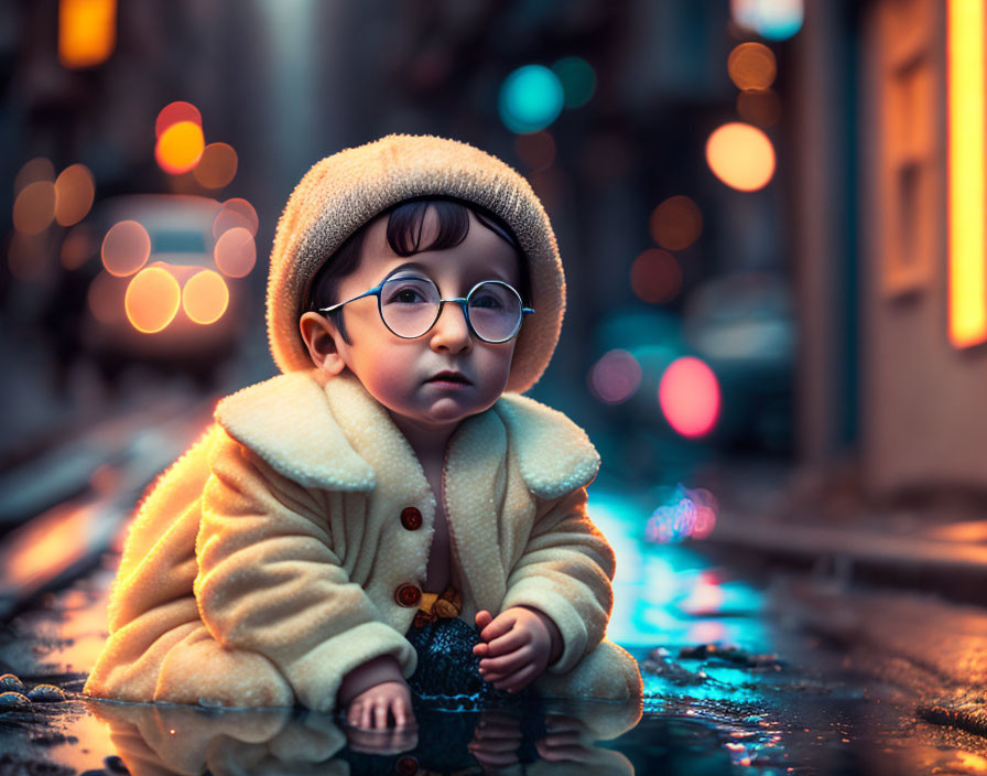 Toddler with Glasses Sitting on Wet Street