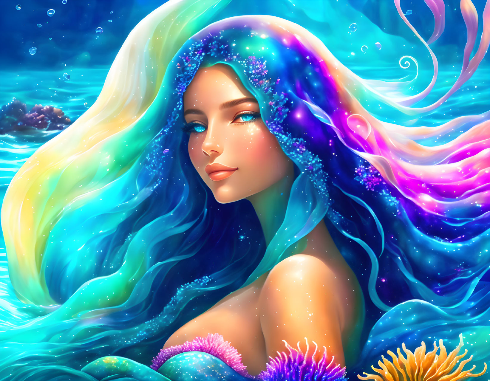 Colorful mythical mermaid illustration with multicolored hair in underwater scene