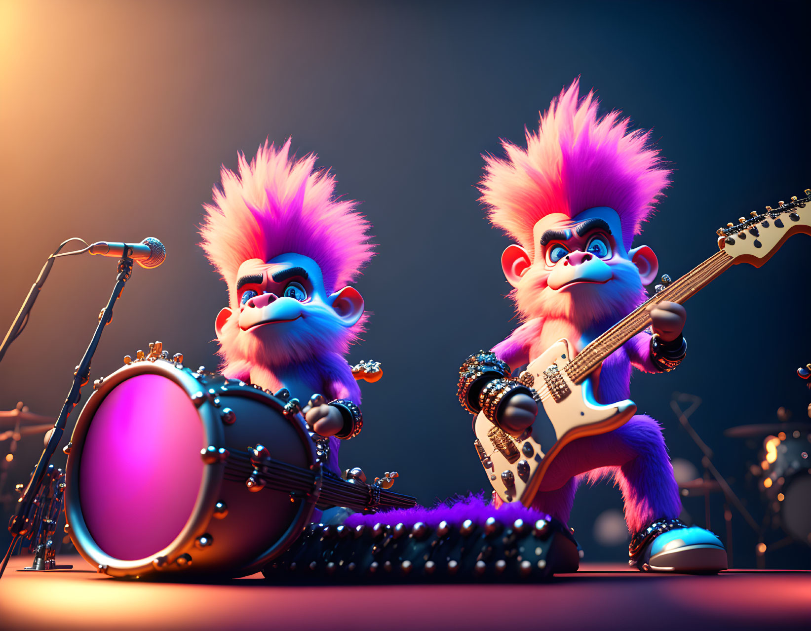 Stylized animated characters perform on stage with microphone stand, drum set, and guitar under dramatic lighting