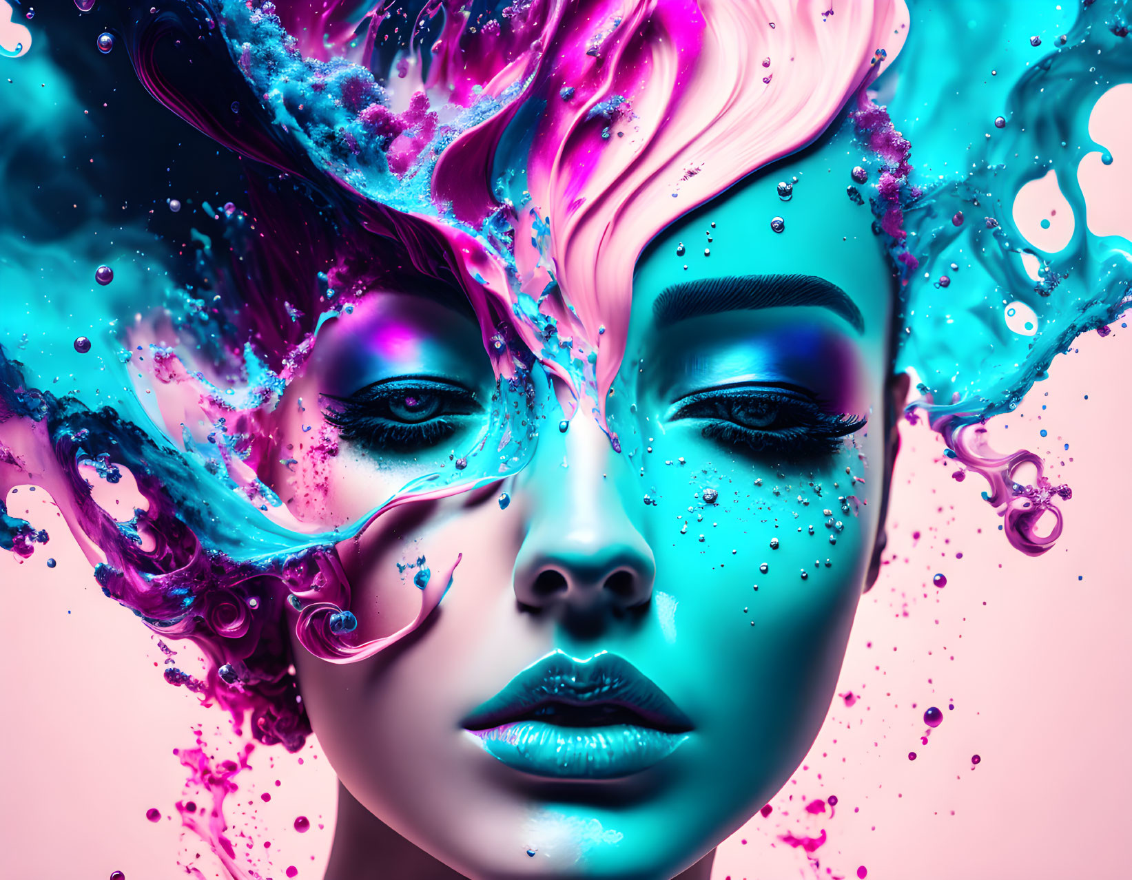 Colorful surreal portrait of woman with pink and turquoise liquid splashes