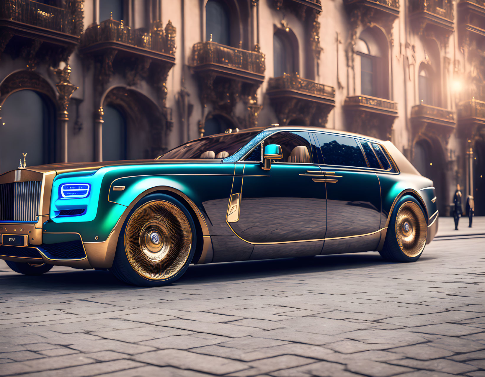 Luxurious Teal and Gold Car Parked in Front of Opulent Building