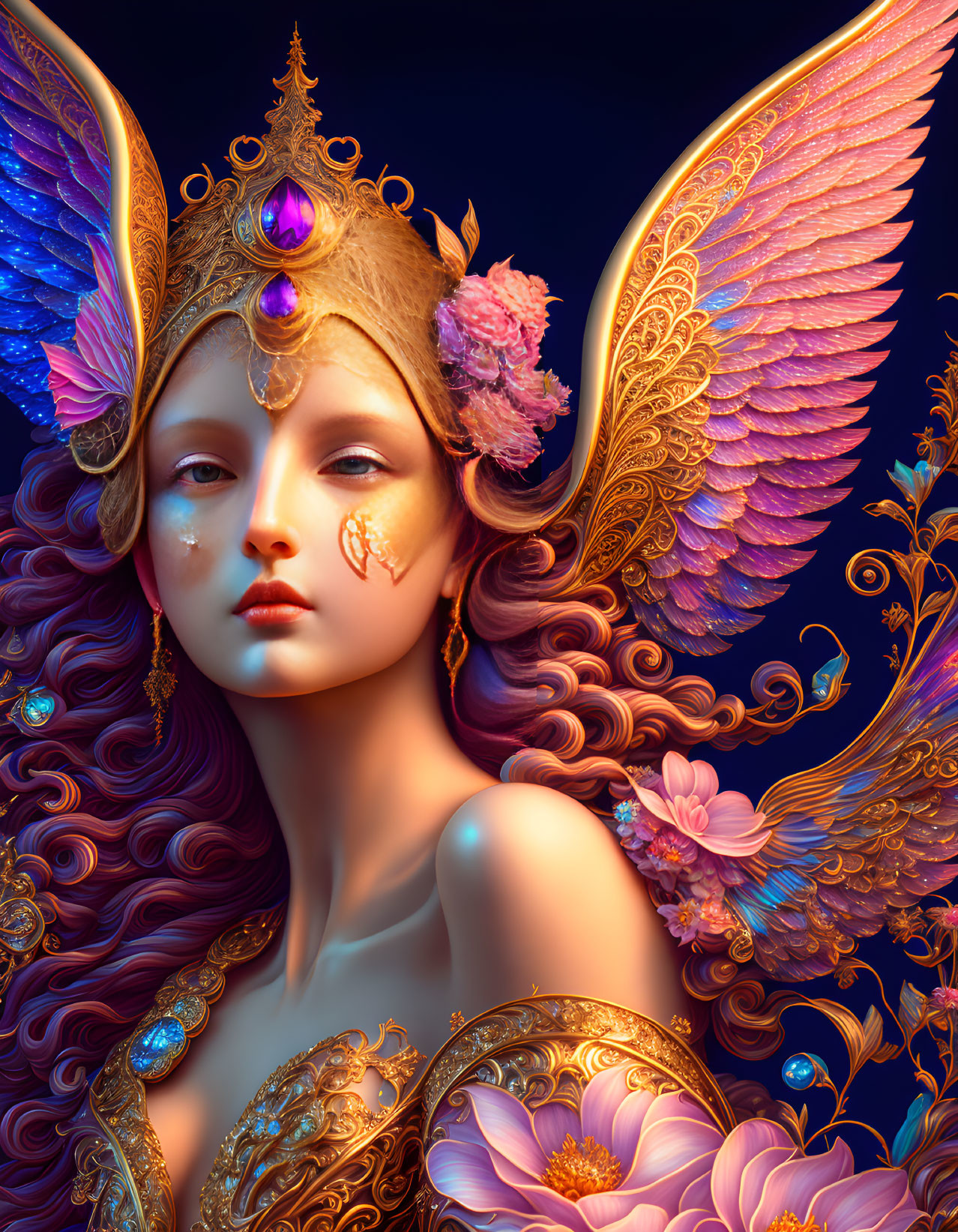 Digital artwork featuring woman with golden and purple wings, intricate jewelry, red hair, on dark blue background