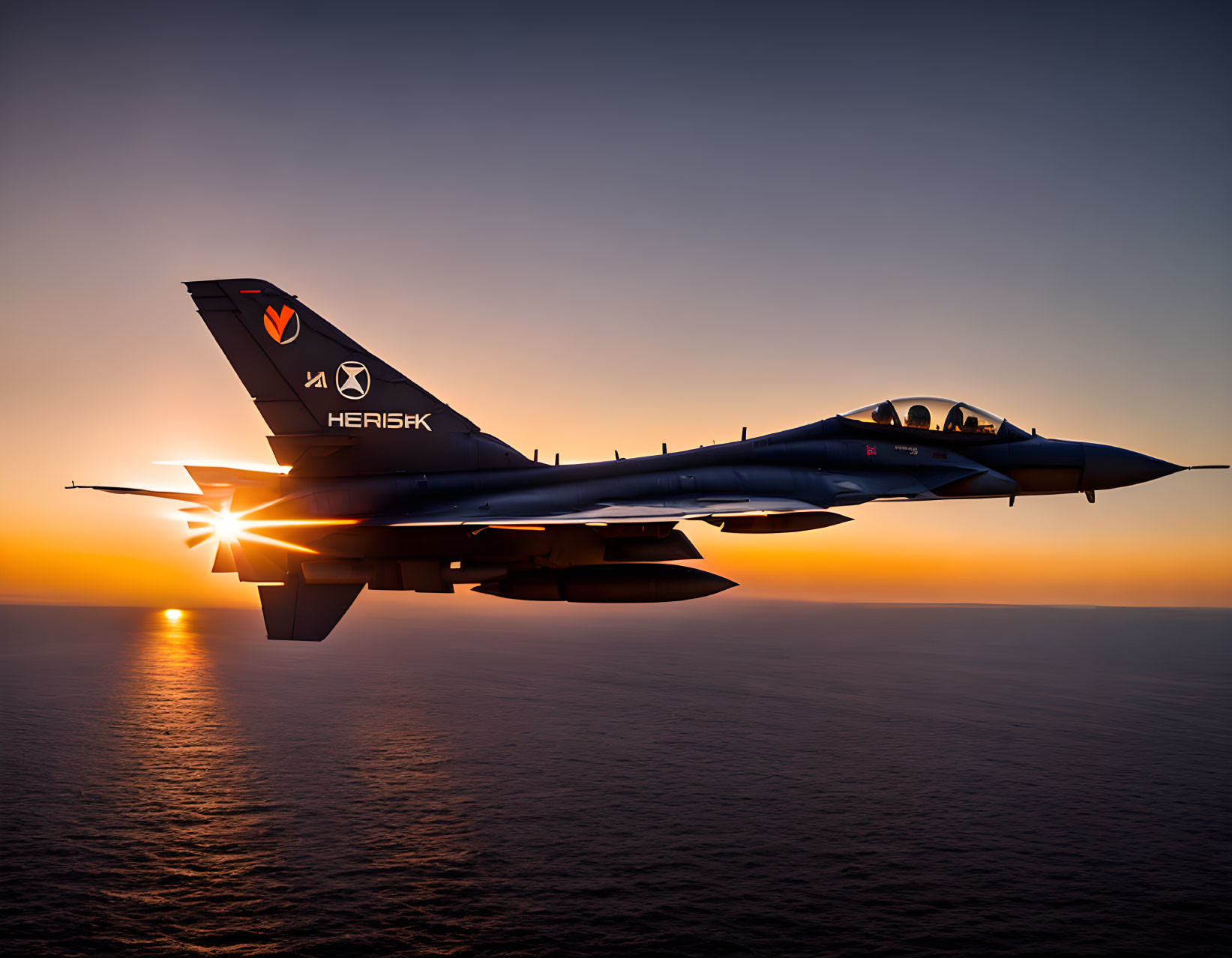 Military fighter jet at sunset with sun reflection on ocean and wing flare