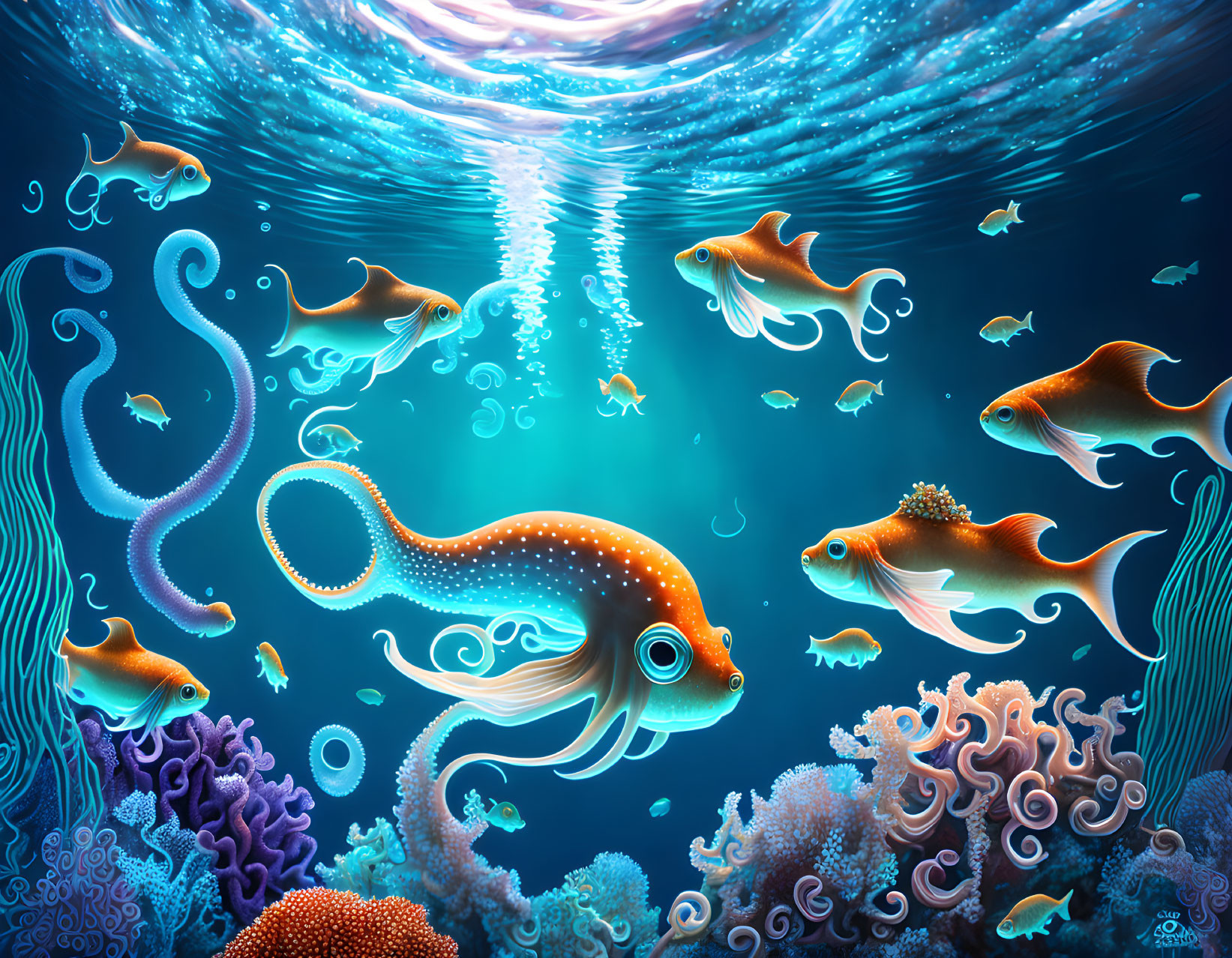 Colorful Underwater Scene with Fish, Octopus, Corals, and Light Rays