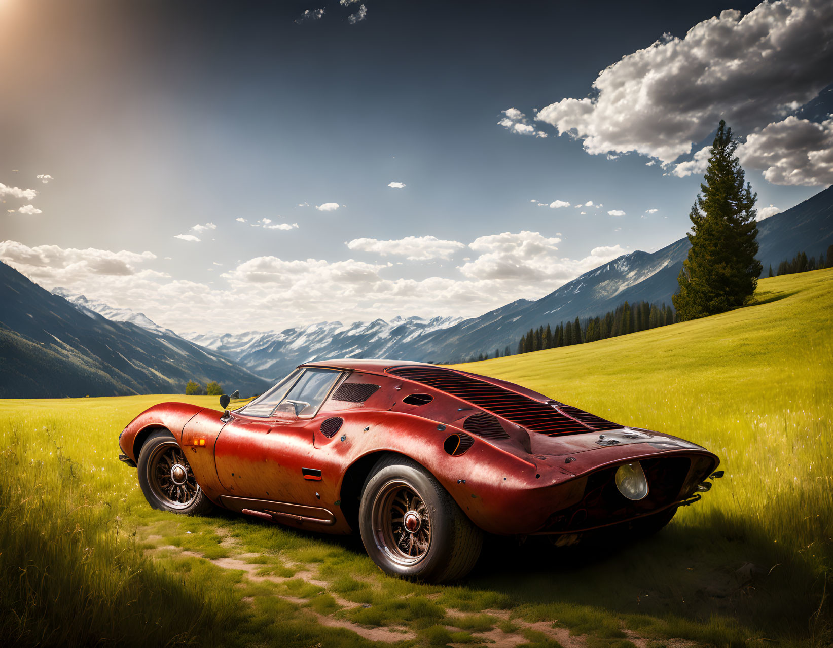 Classic Red Sports Car Parked on Grass Hill with Mountain Backdrop