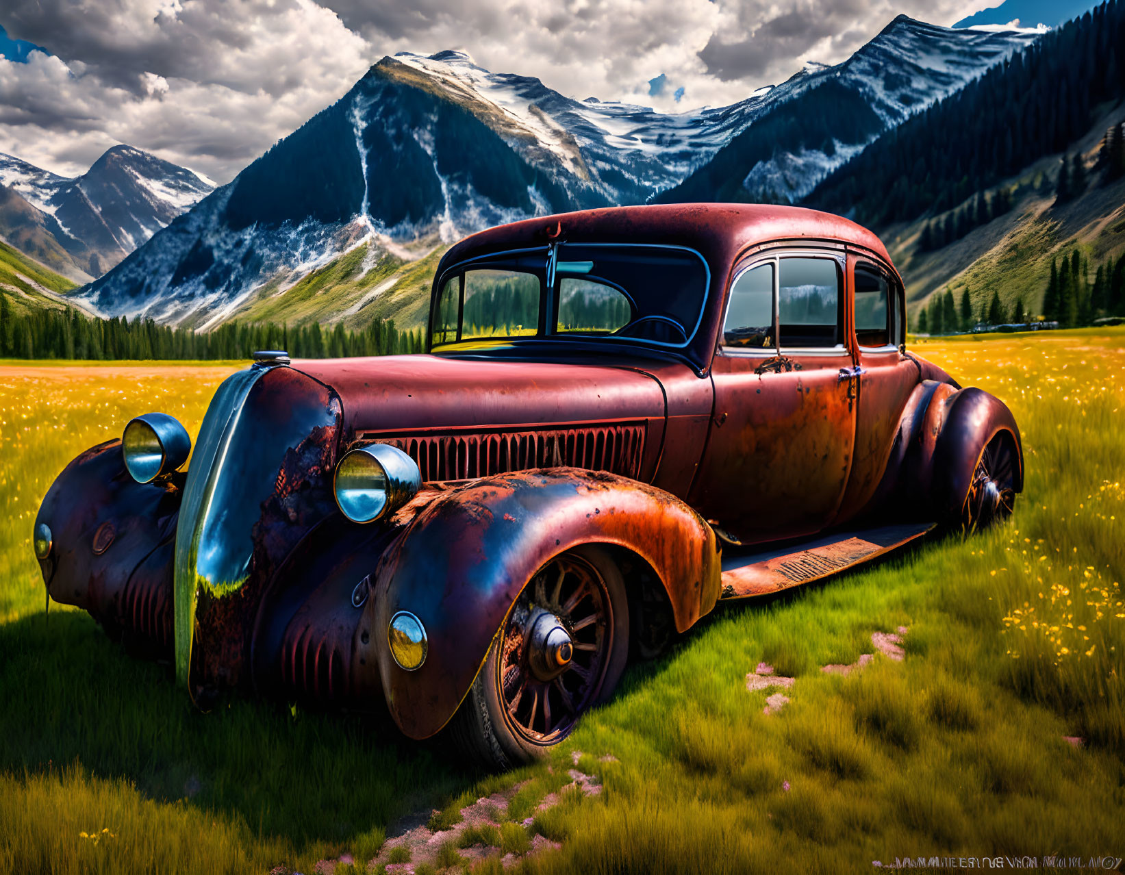 Abandoned rusty car in yellow flower field with snow-capped mountains