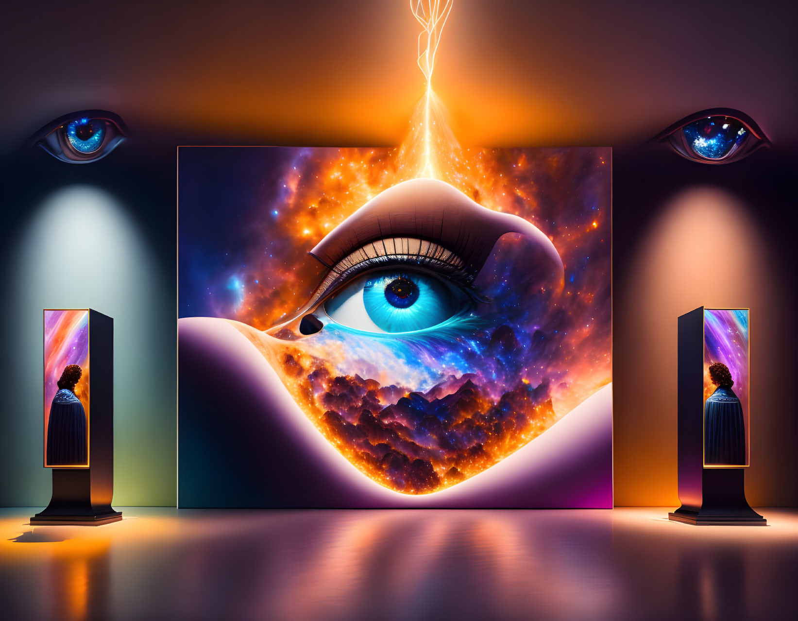 Surreal Artwork Featuring Cosmic Eye and Human Figures