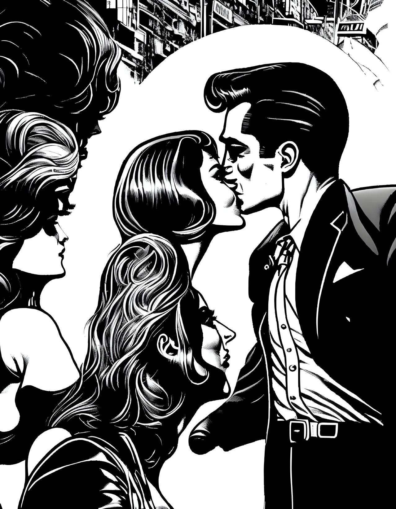 Monochrome comic-style illustration of man kissed by one woman as another watches