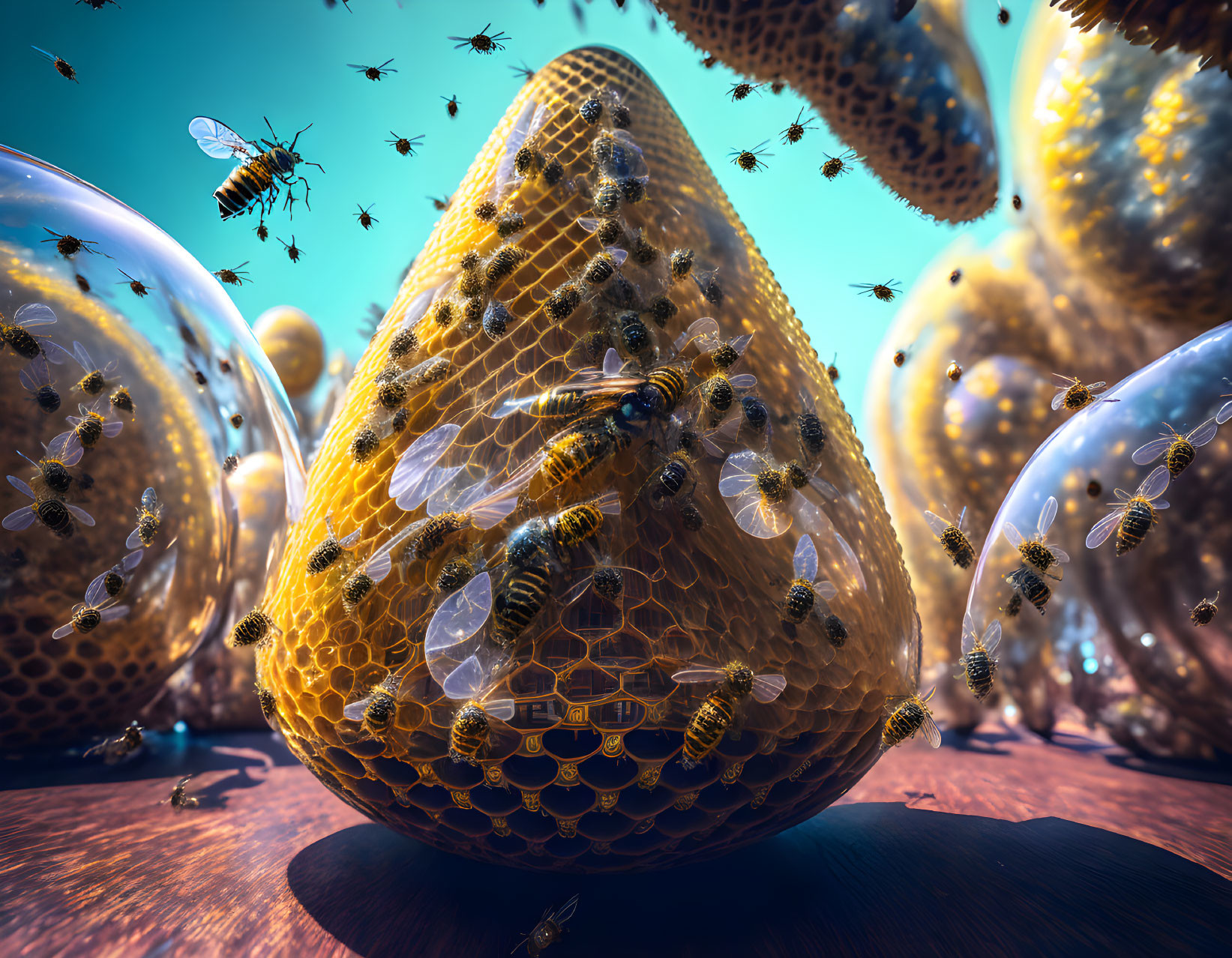 Close-up view of bees on futuristic translucent honeycombs