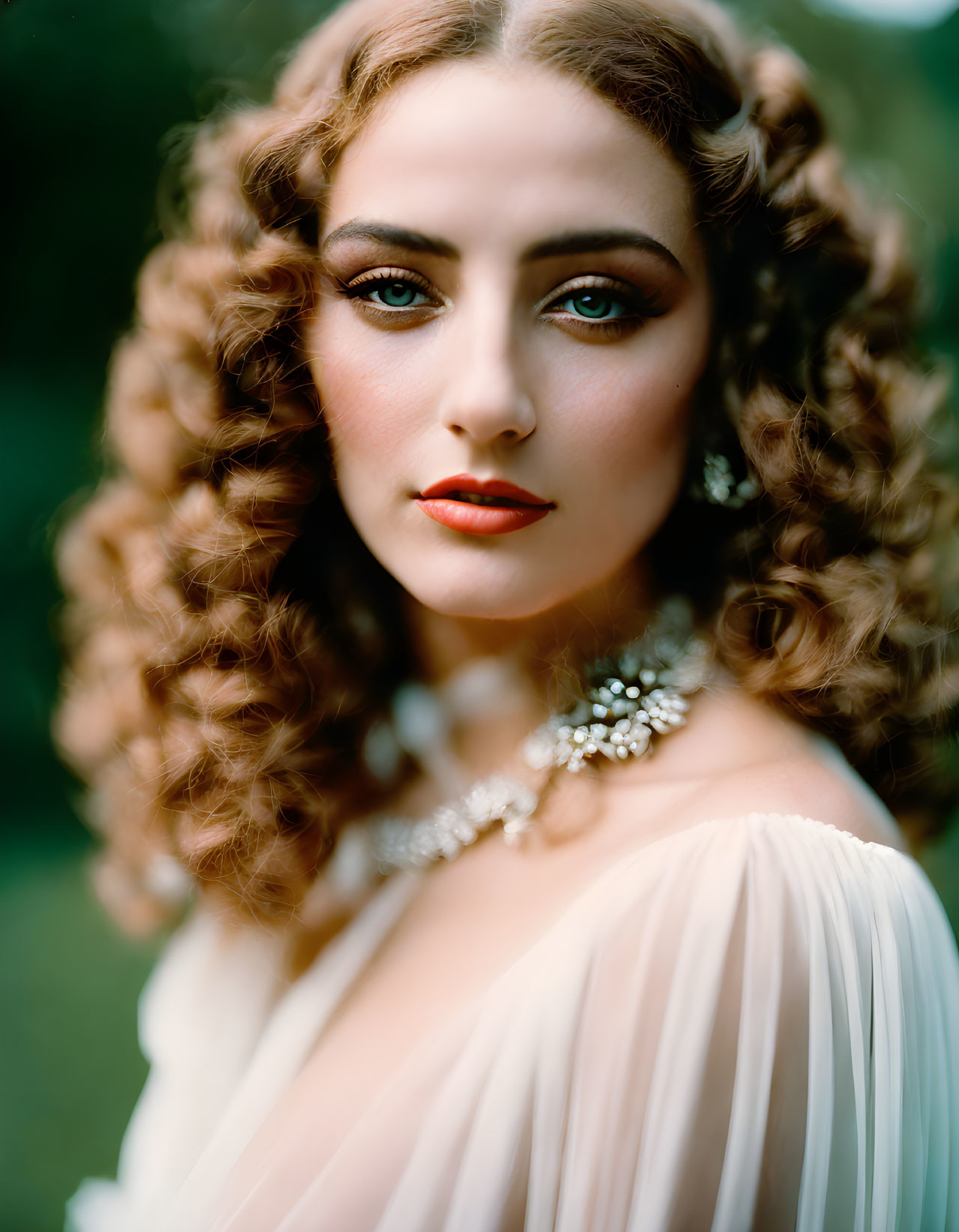 Curly haired woman in dramatic makeup and jeweled necklace wearing off-shoulder dress exudes vintage