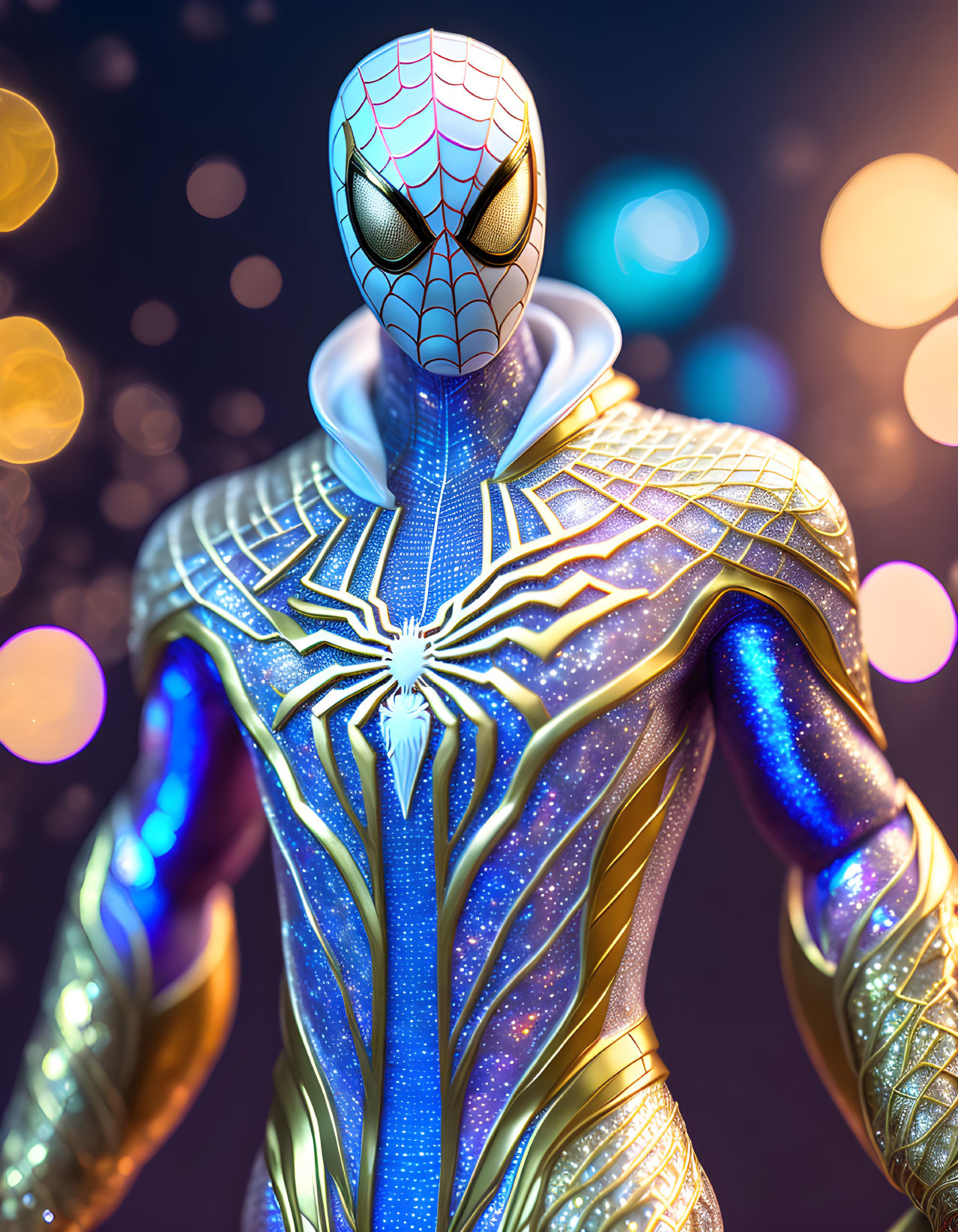 Detailed Close-Up of Intricate Spider-Man Costume with Glowing Patterns