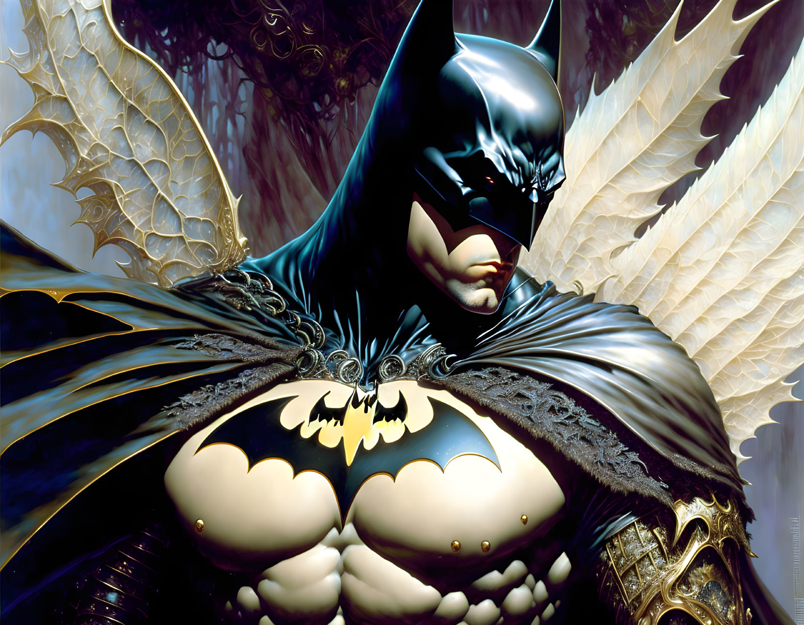 Detailed superhero with bat-like wings in black suit and golden belt