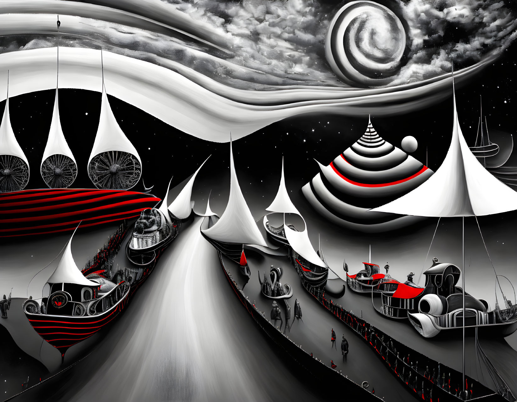 Monochromatic surreal landscape with sailboat-like structures and swirling sky.