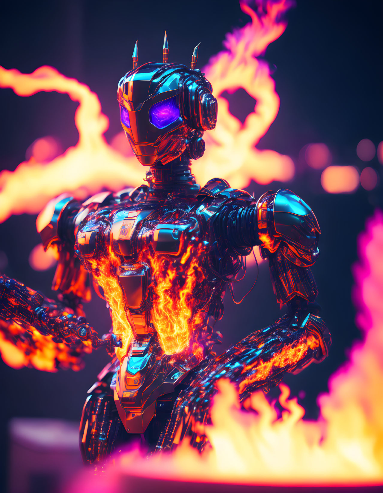 Futuristic robot with metallic body and fiery energy on neon-lit backdrop