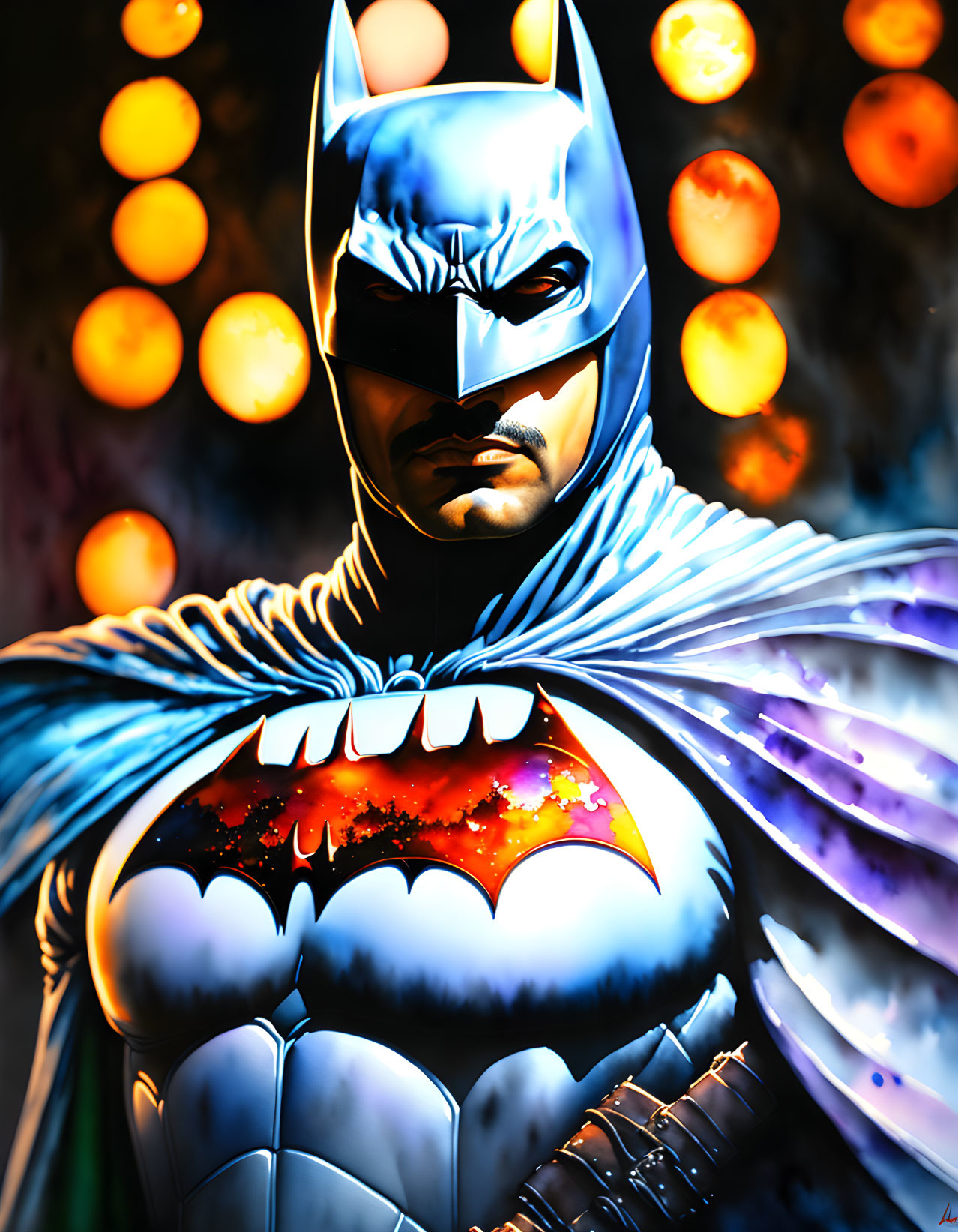 Detailed Batman illustration in iconic suit and cowl with stern expression.