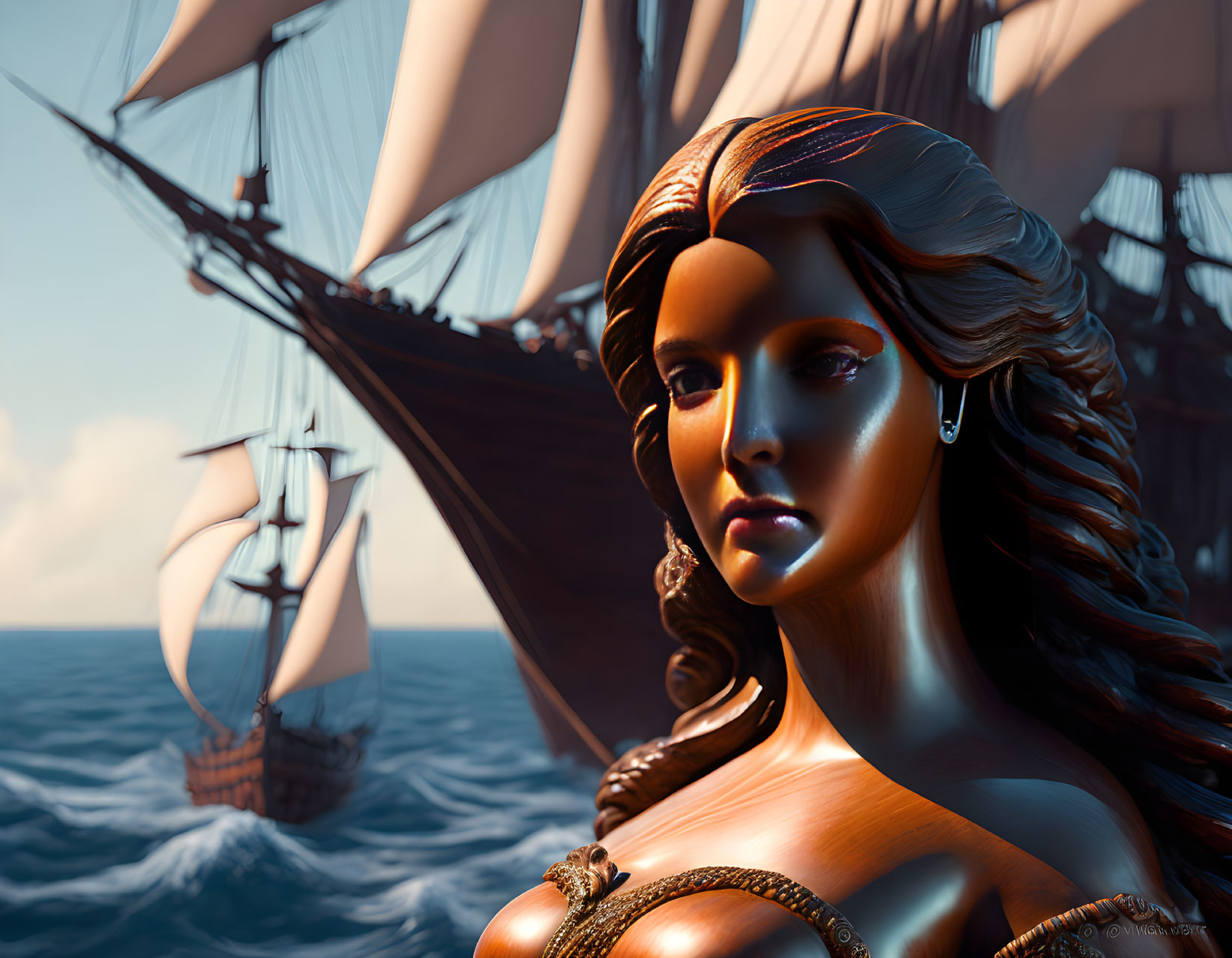 Detailed digital artwork of female figurehead on ship's prow against open sea and distant sailing ship.