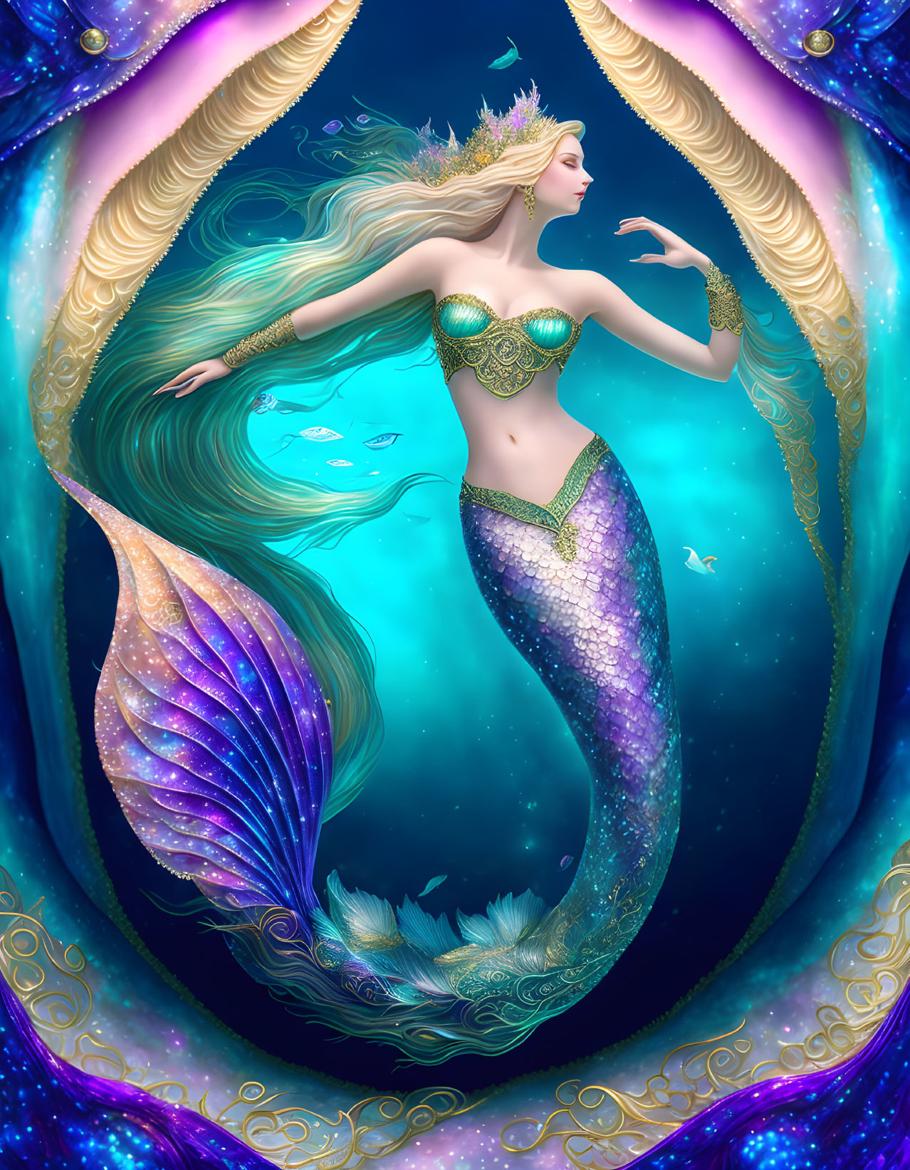 Colorful mermaid illustration with intricate tail in underwater scene