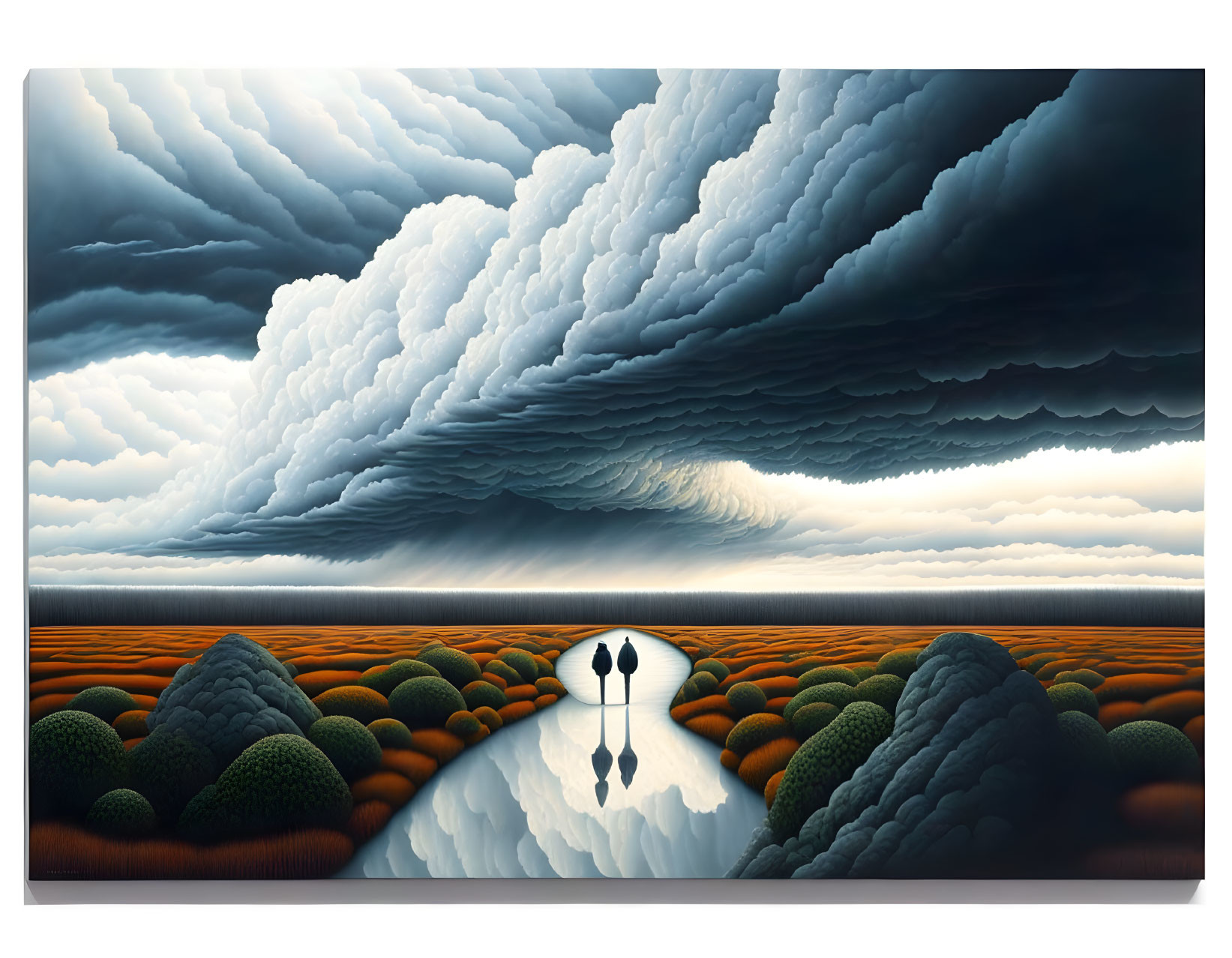 Surreal landscape with figures by mirror-like lake under dramatic sky