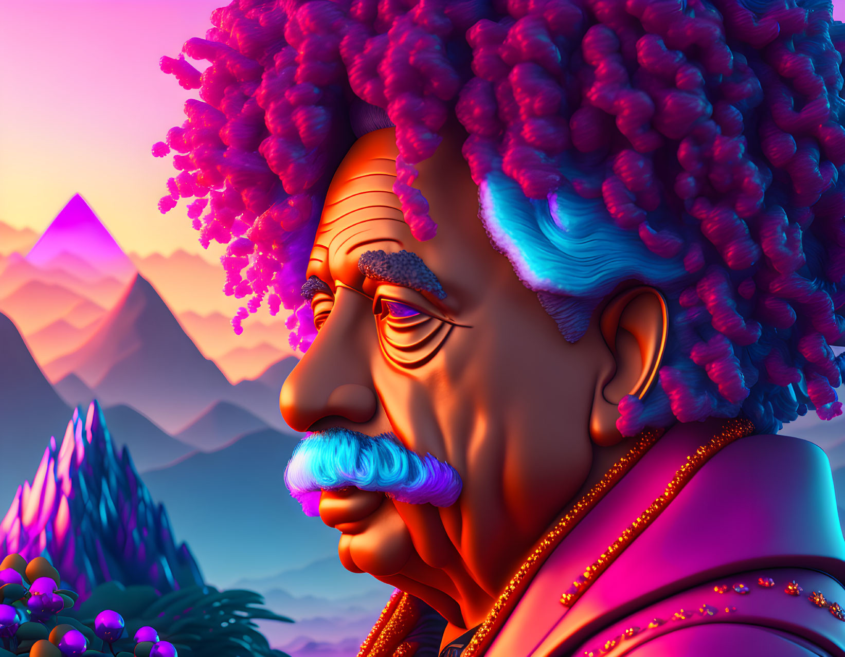 Vibrant Illustration of Stylized Man with Purple Hair and Mustache