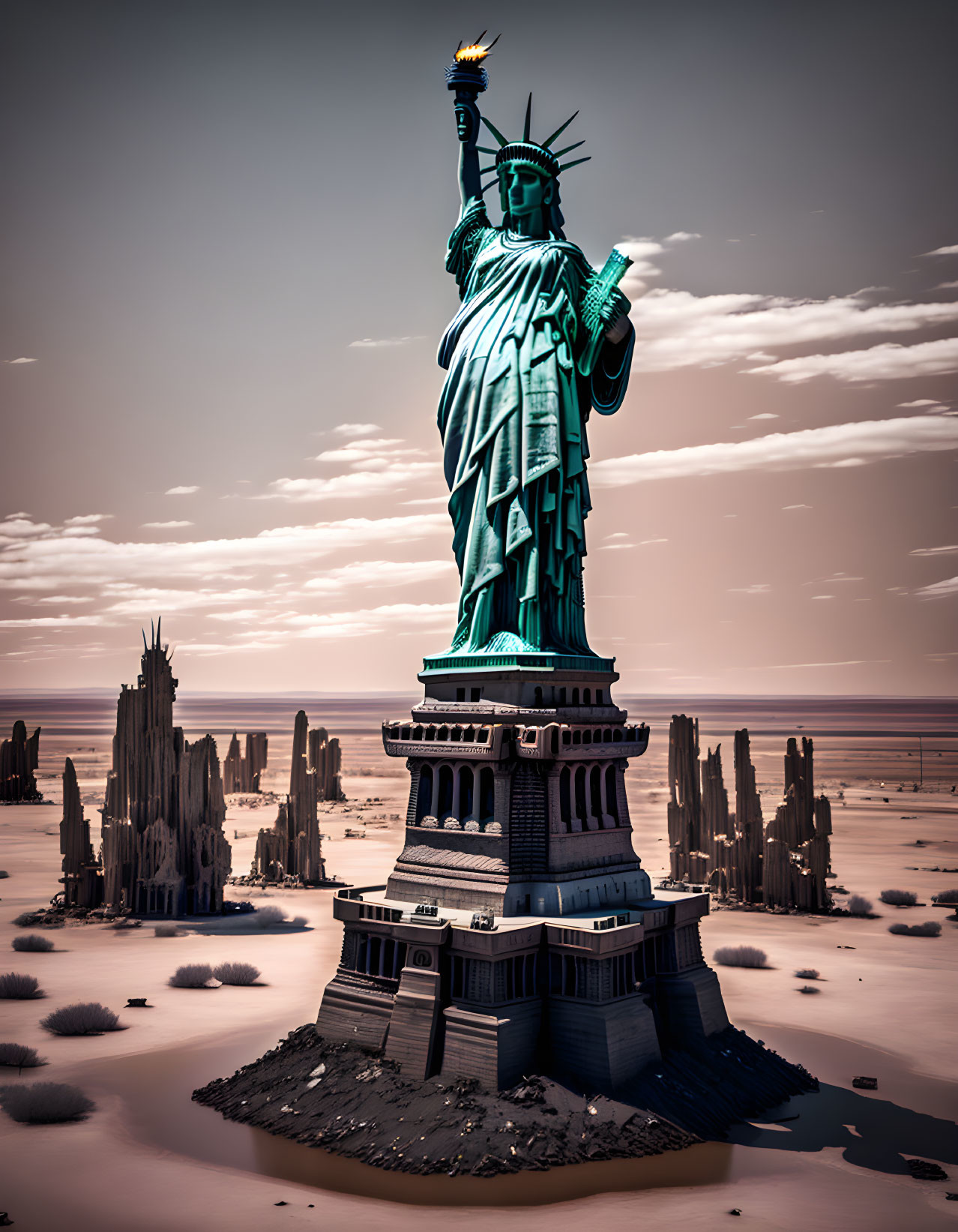 Desolate landscape with Statue of Liberty and towering spires