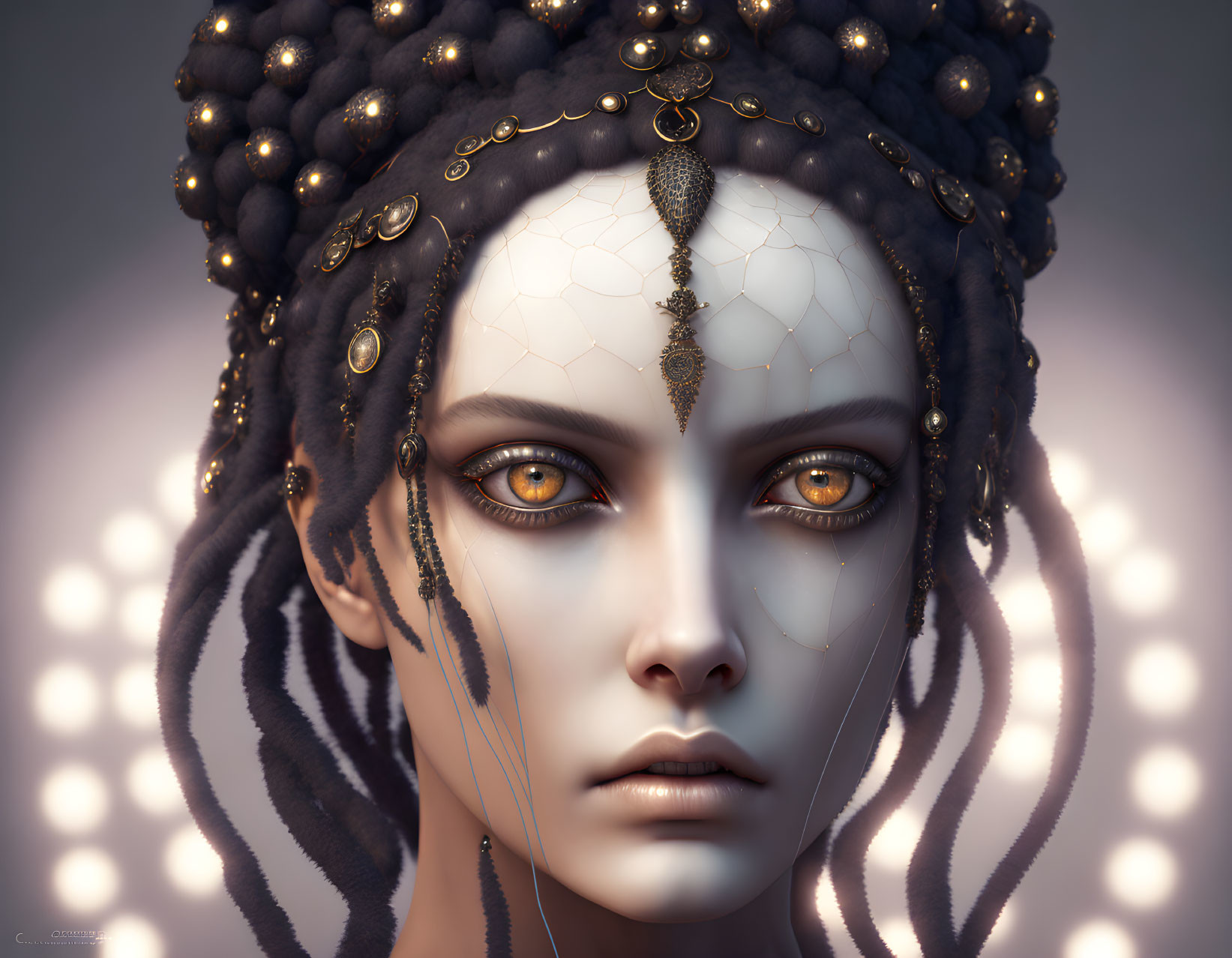 Digital artwork of female figure with gold jewelry, braided hair, and amber eyes