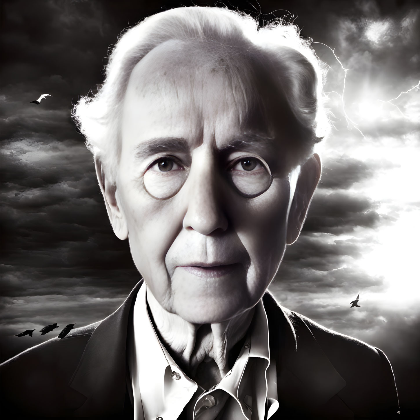 Elderly Man in Suit with White Hair Contemplating Under Dramatic Sky