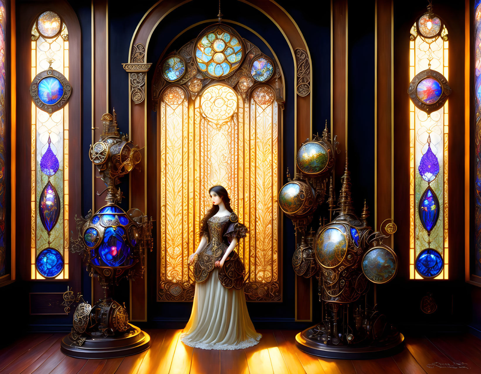 Woman in elegant gown in opulent steampunk room with stained glass windows