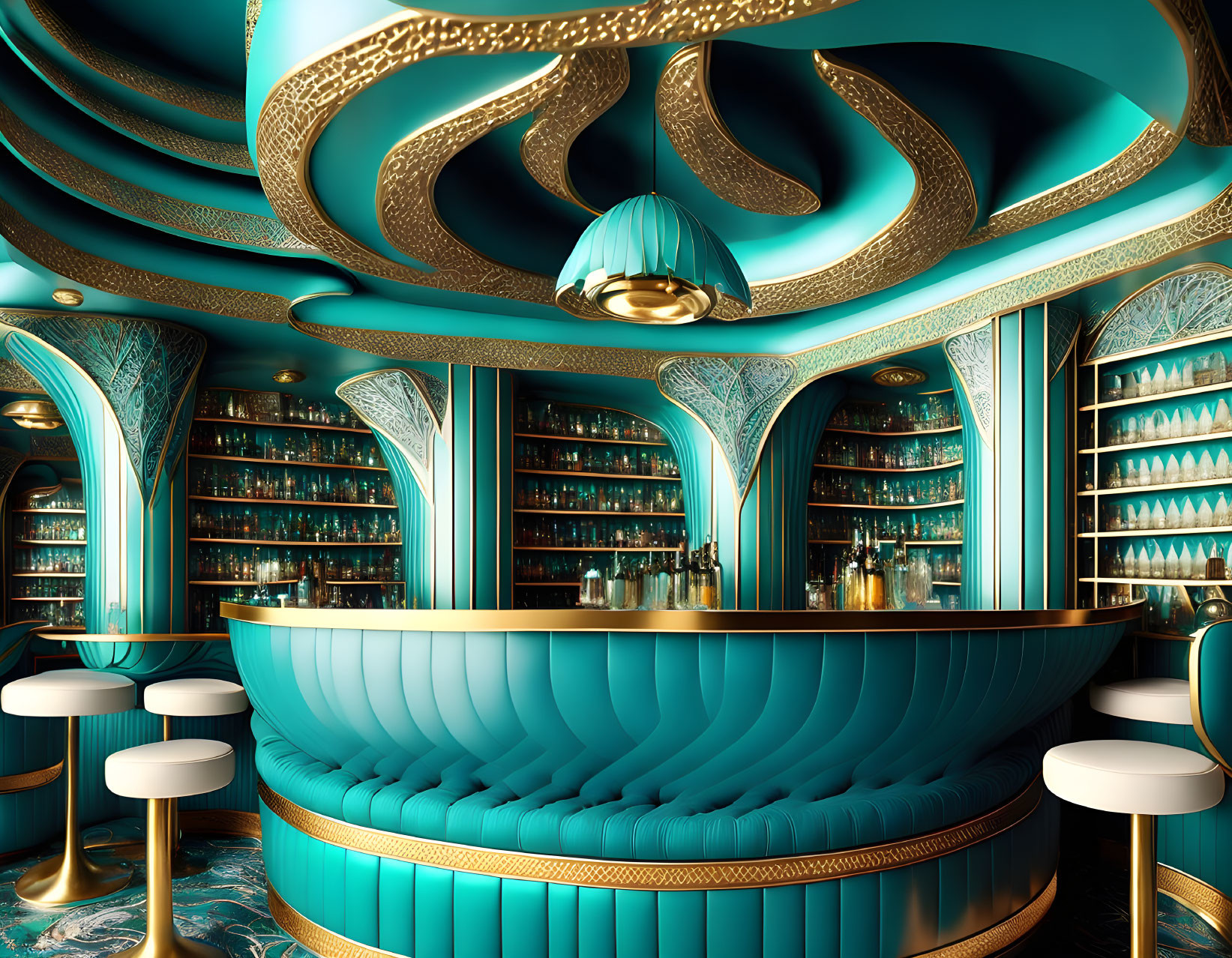 Luxurious Futuristic Bar with Teal and Gold Accents and Ornate Shelves