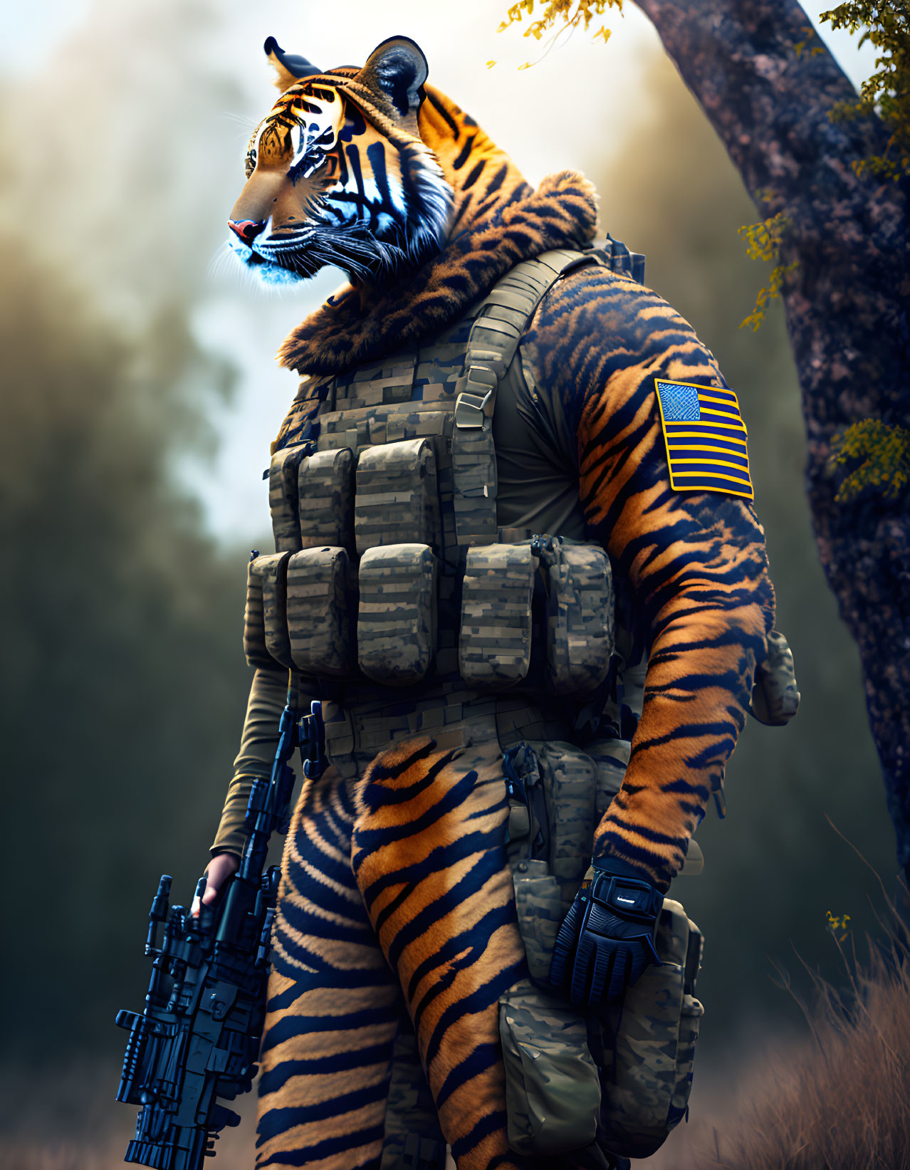 Tiger-headed humanoid in military gear with rifle in misty forest