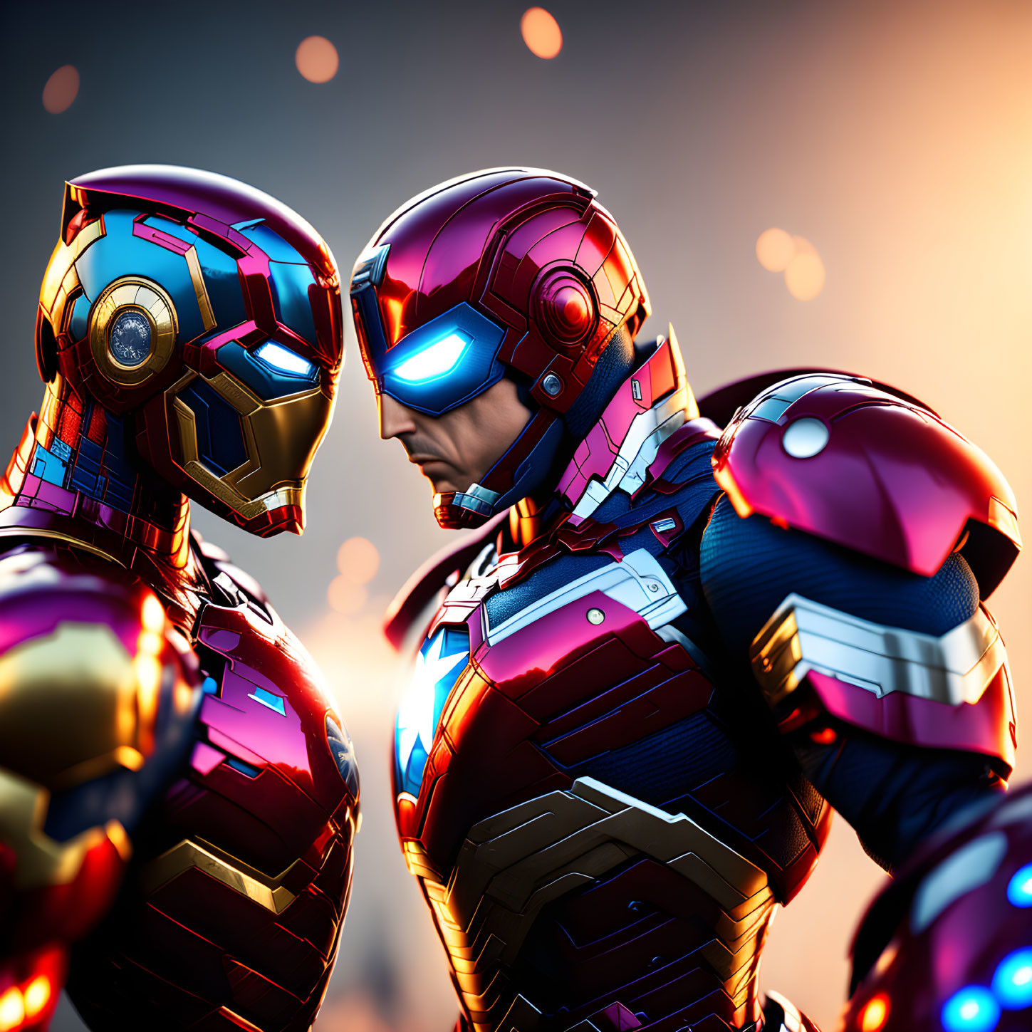 Armored characters in high-tech gear with glowing elements on bokeh light background