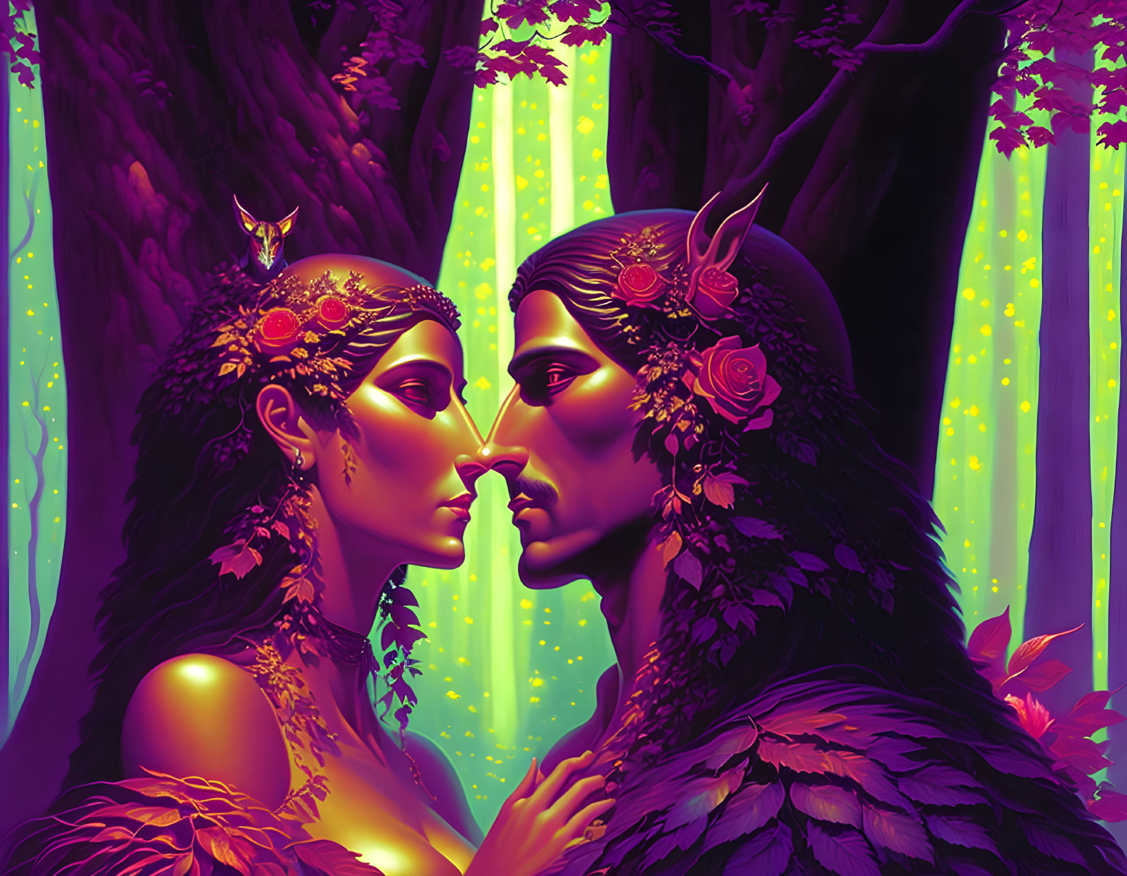 Fantastical figures with floral elements touching foreheads in enchanted forest