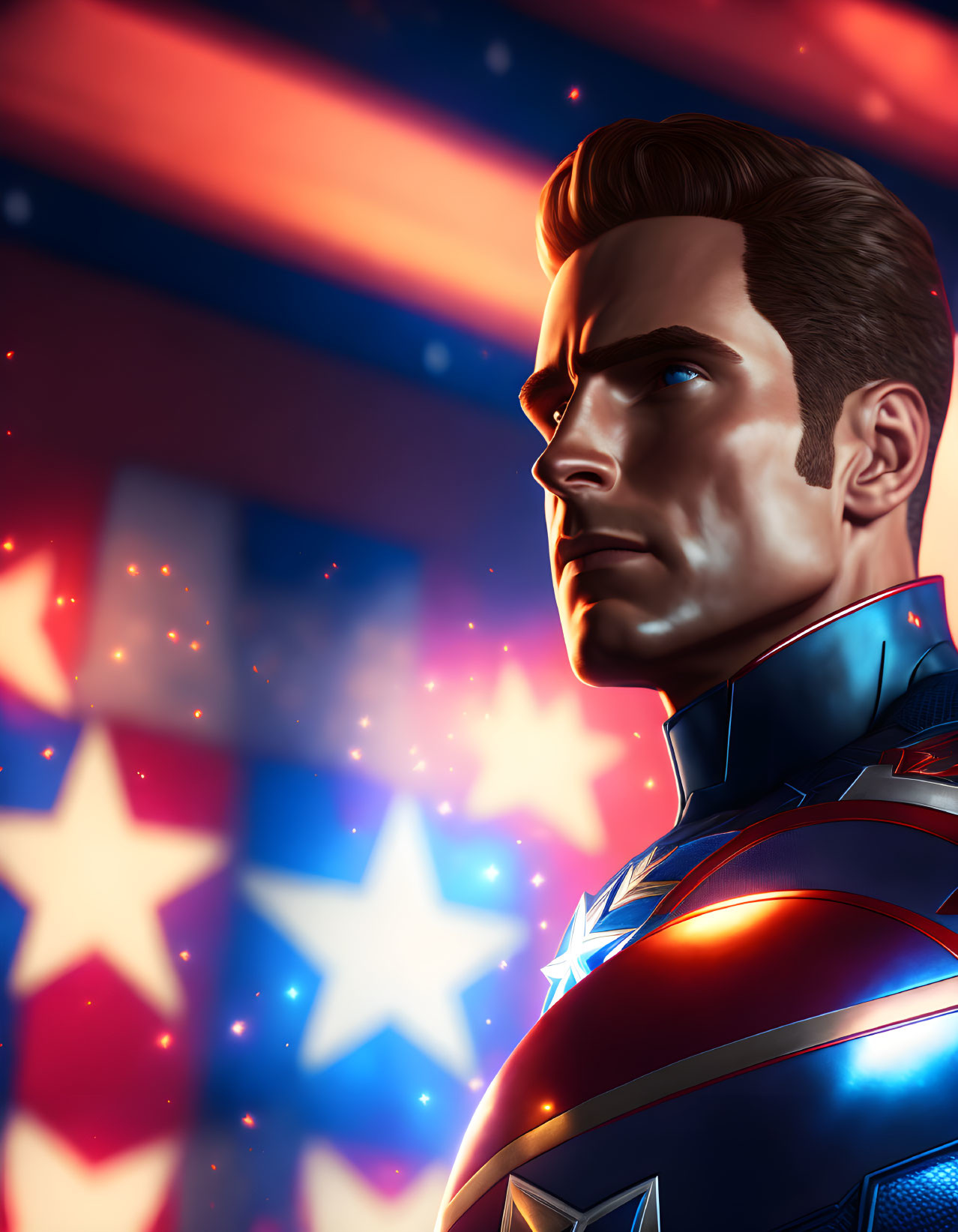 Detailed digital illustration of Captain America in sharp profile, wearing suit with star emblem, against stylized American